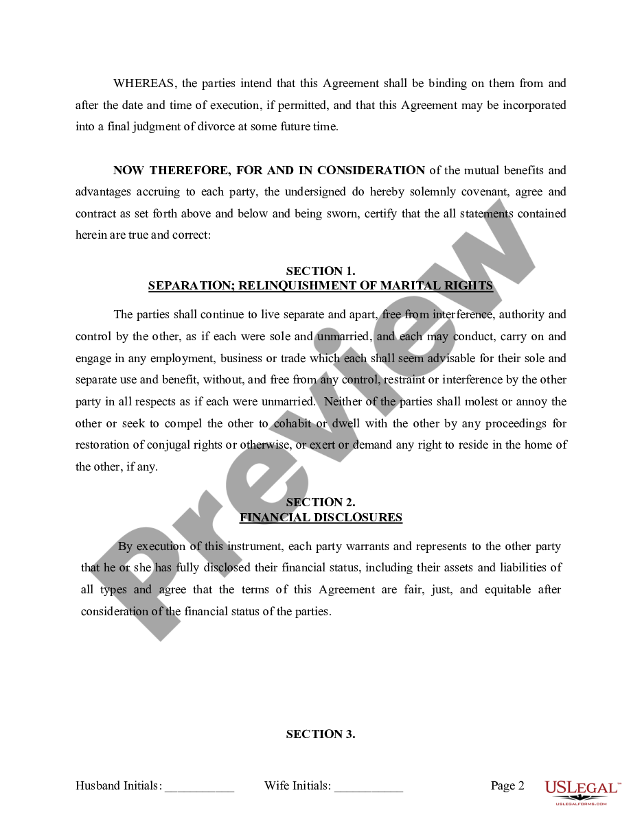 page 2 Marital Legal Separation and Property Settlement Agreement for persons with no Children, No Joint Property or Debts Effective Immediately preview
