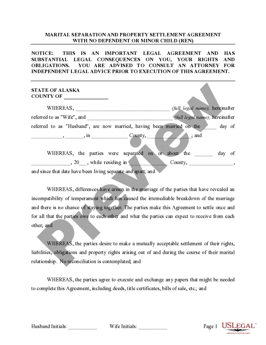 Preview Marital Legal Separation and Property Settlement Agreement for persons with no Children, No Joint Property or Debts Effective Immediately