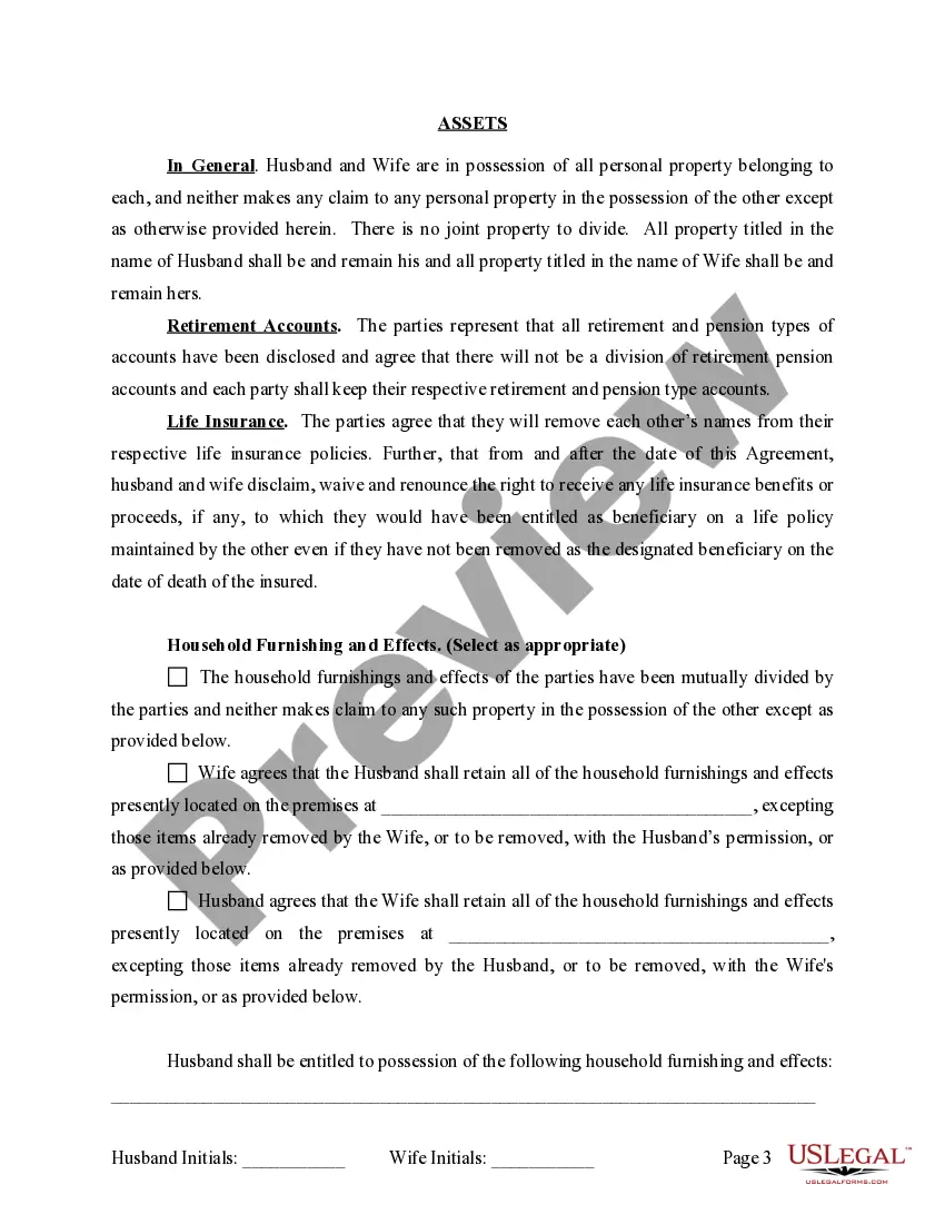 Preview Marital Legal Separation and Property Settlement Agreement for persons with no Children, No Joint Property or Debts Effective Immediately