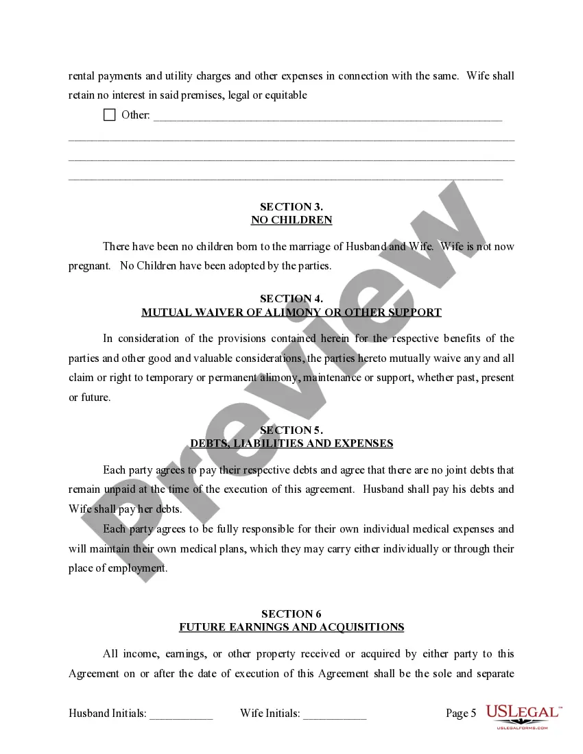 Preview Marital Legal Separation and Property Settlement Agreement for persons with no Children, No Joint Property or Debts Effective Immediately