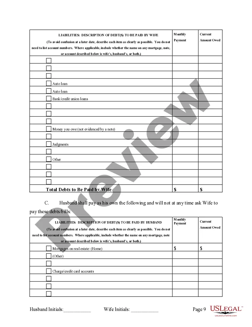 Preview Marital Legal Separation and Property Settlement Agreement where No Children and parties may have Joint Property and / or Debts and Divorce Action Filed