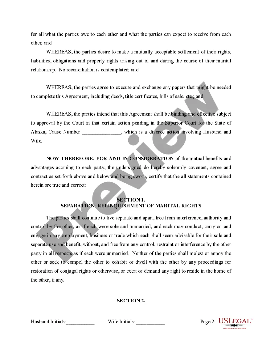 Preview Marital Legal Separation and Property Settlement Agreement where No Children and parties may have Joint Property and / or Debts and Divorce Action Filed