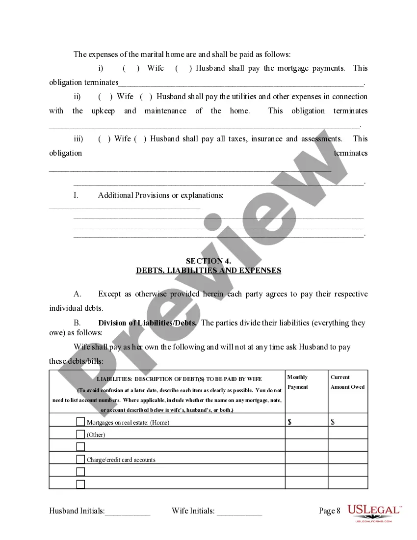 Preview Marital Legal Separation and Property Settlement Agreement where No Children and parties may have Joint Property and / or Debts and Divorce Action Filed