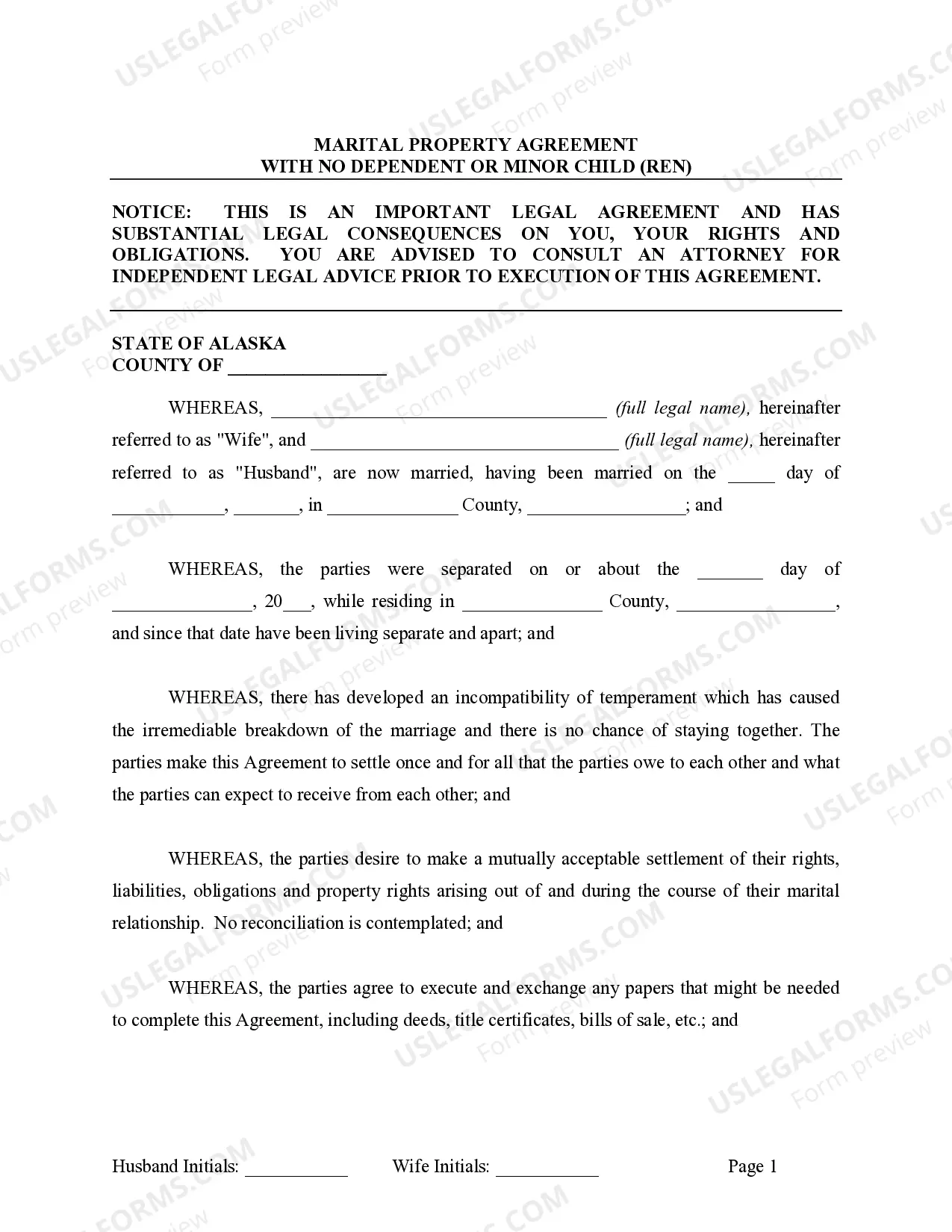 Preview Marital Legal Separation and Property Settlement Agreement no children parties may have Joint Property or Debts effective Immediately