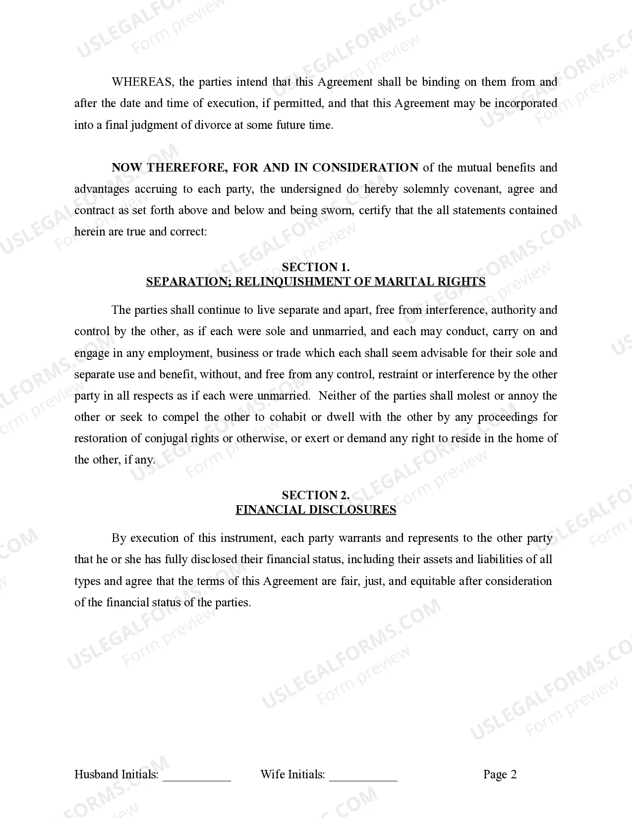 Preview Marital Legal Separation and Property Settlement Agreement no children parties may have Joint Property or Debts effective Immediately