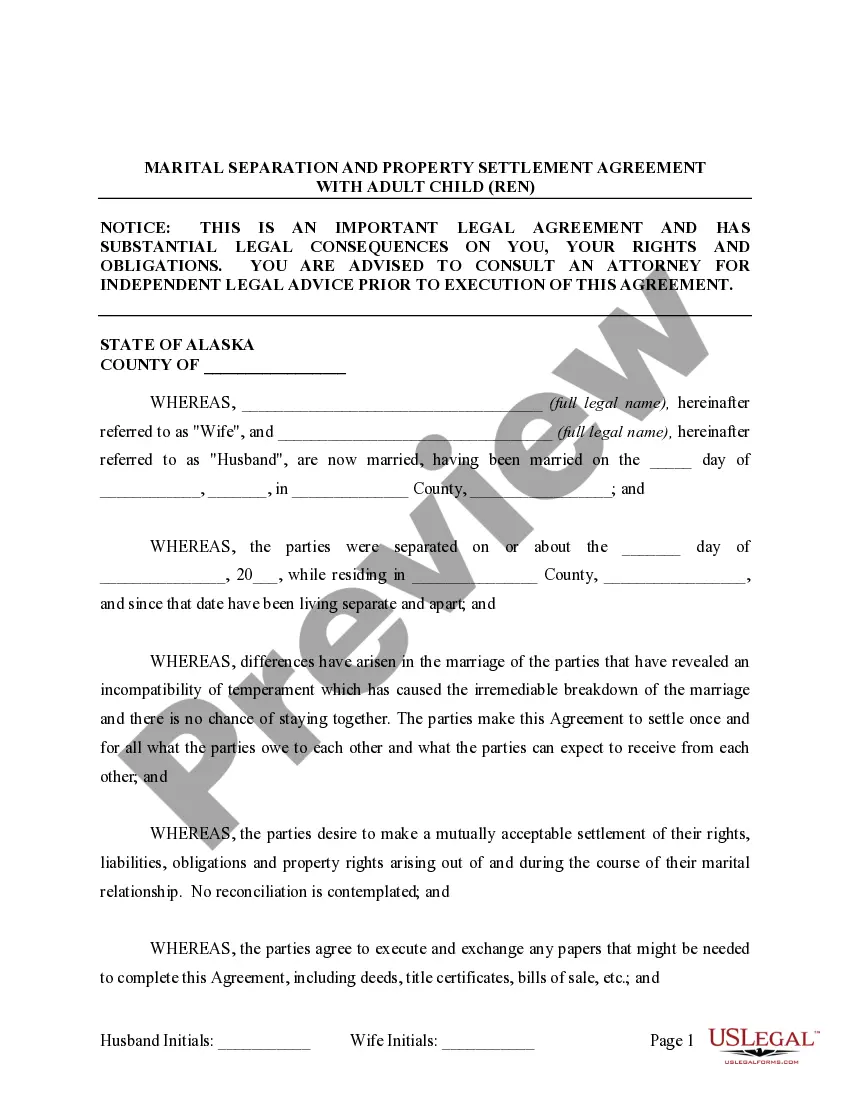 Preview Marital Legal Separation and Property Settlement Agreement where Adult Children and Parties May have Joint Property or Debts and Effective Immediately