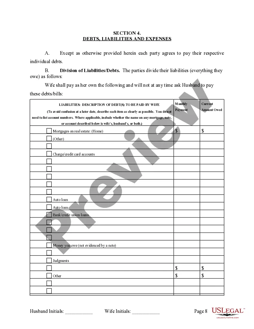 Preview Marital Legal Separation and Property Settlement Agreement where Adult Children and Parties May have Joint Property or Debts and Effective Immediately