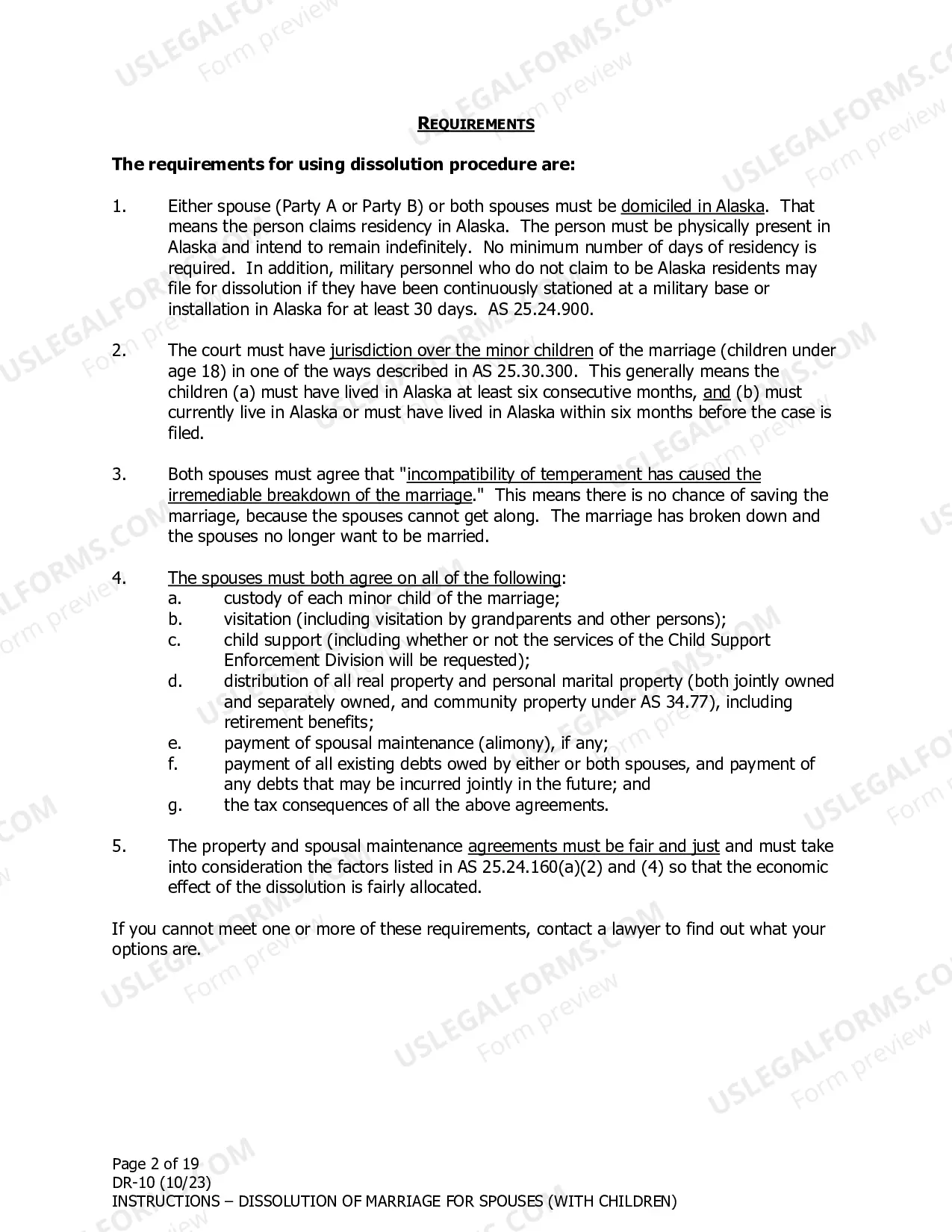 Preview Instructions for Dissolution of Marriage for Spouses Filing Together With Minor Children