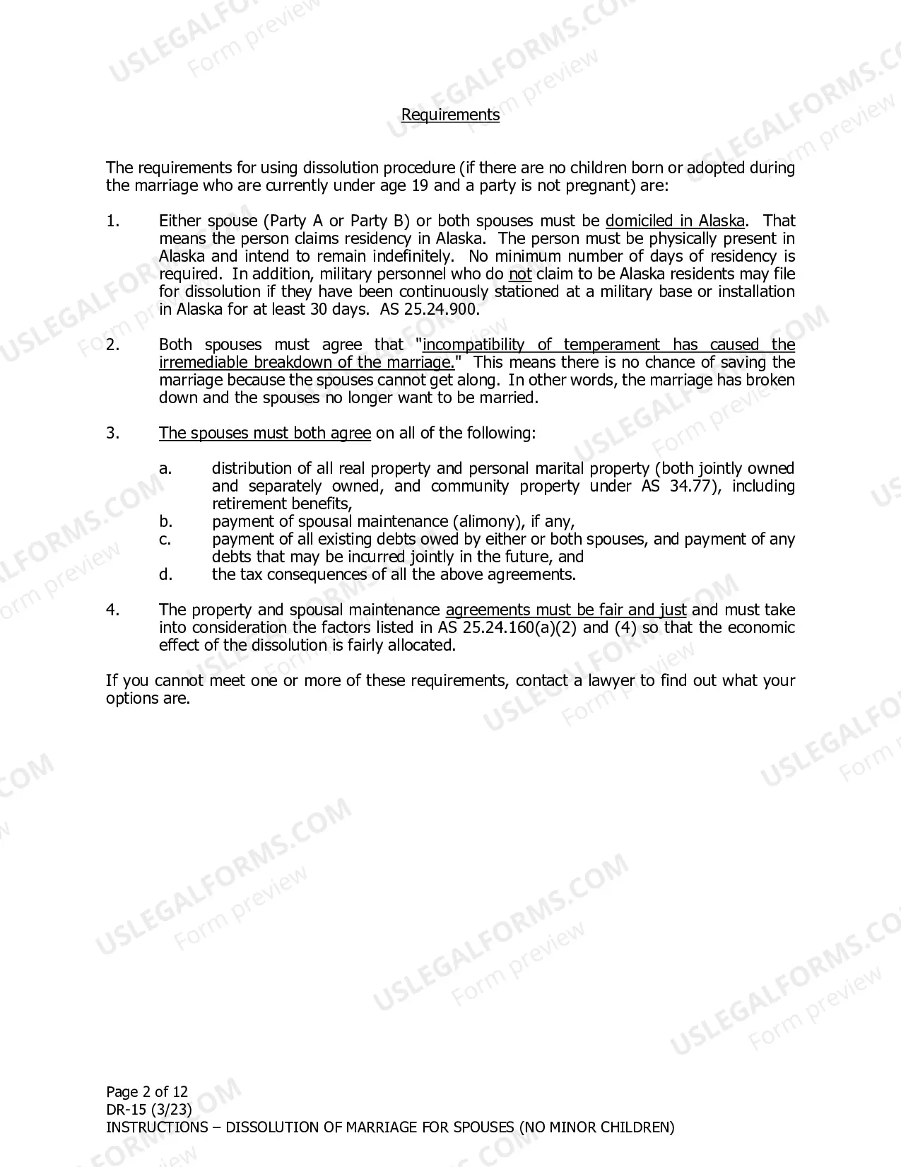 Preview Instructions for Dissolution of Marriage for Spouses Filing Together When There are No Minor Children