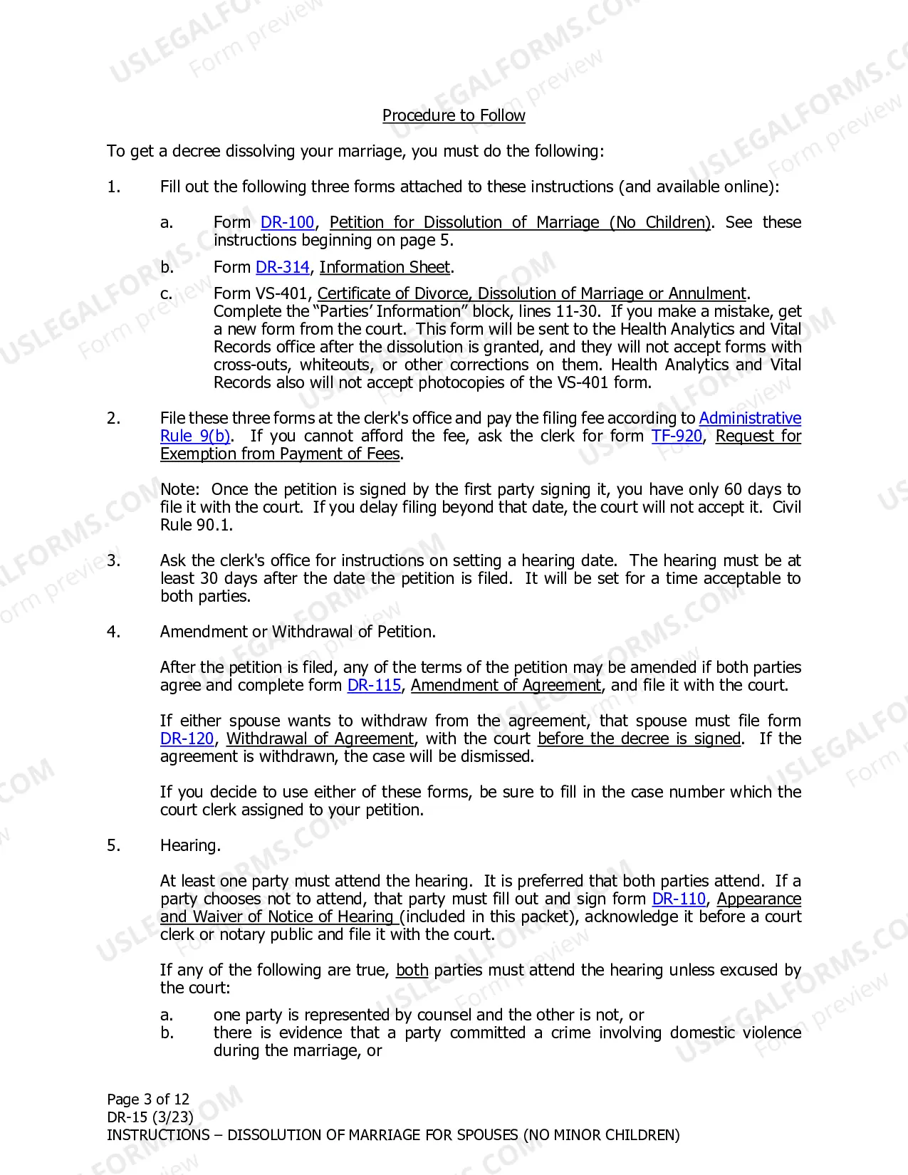 Preview Instructions for Dissolution of Marriage for Spouses Filing Together When There are No Minor Children