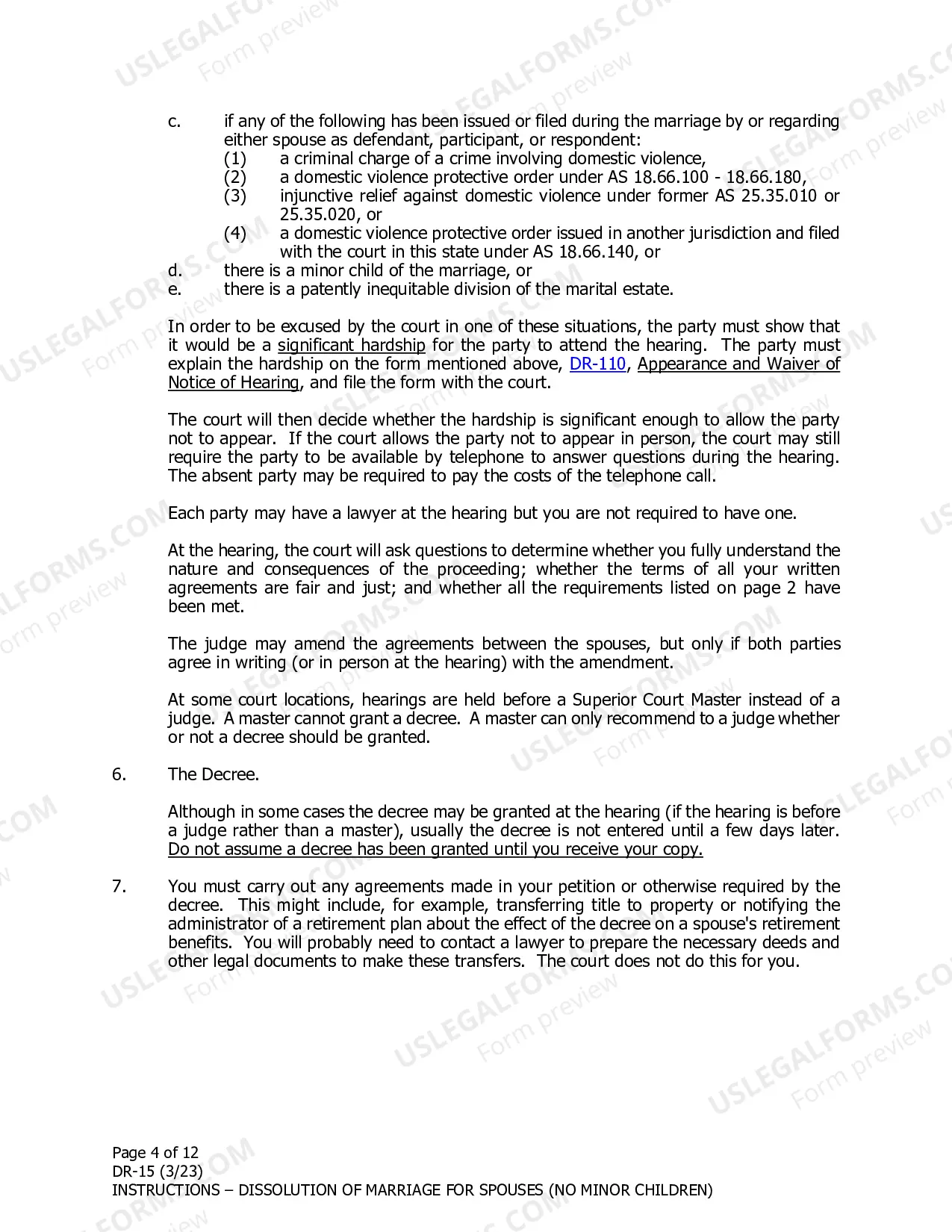 Preview Instructions for Dissolution of Marriage for Spouses Filing Together When There are No Minor Children