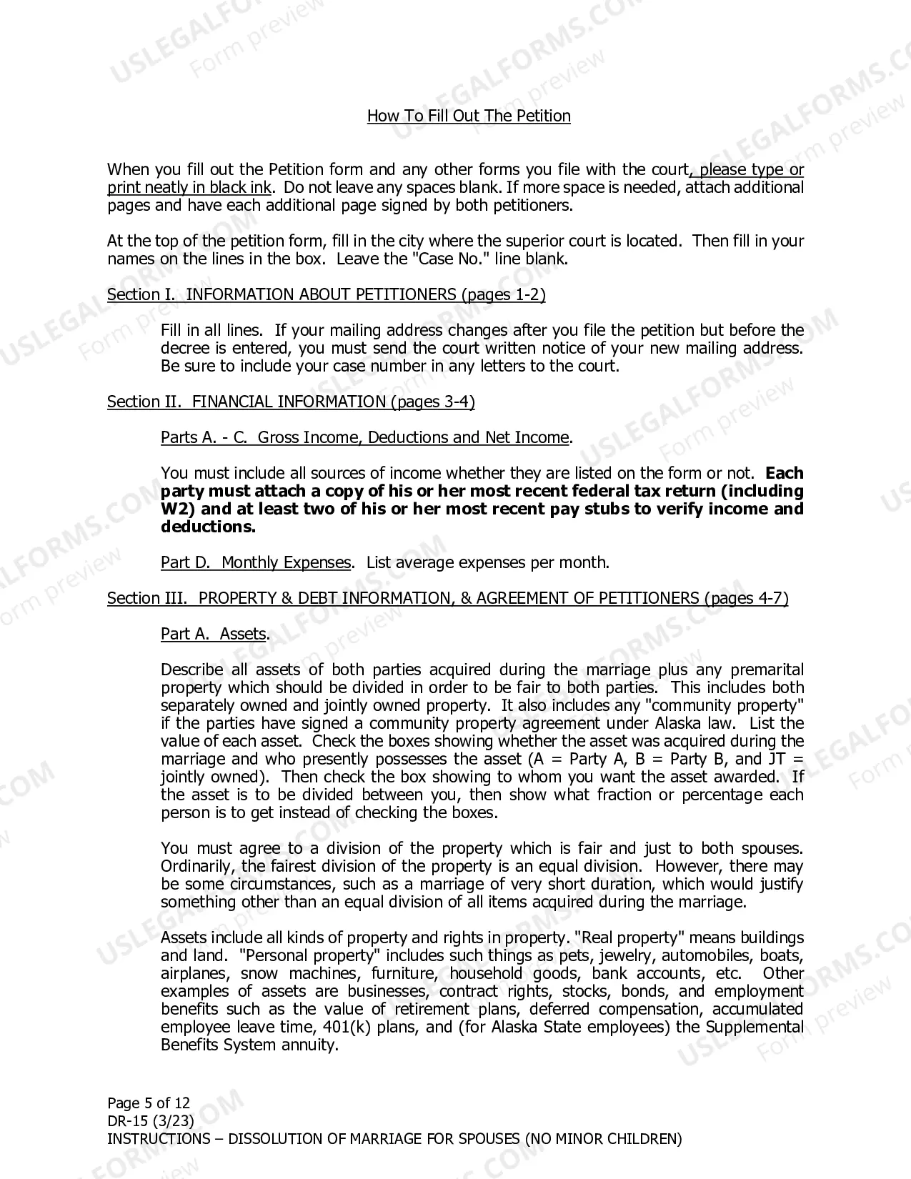 Preview Instructions for Dissolution of Marriage for Spouses Filing Together When There are No Minor Children