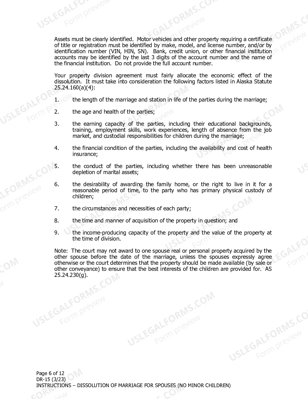 Preview Instructions for Dissolution of Marriage for Spouses Filing Together When There are No Minor Children