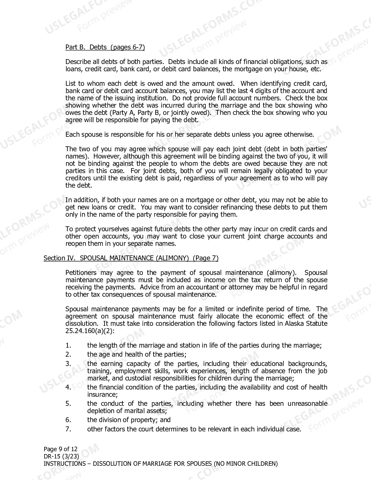 Preview Instructions for Dissolution of Marriage for Spouses Filing Together When There are No Minor Children