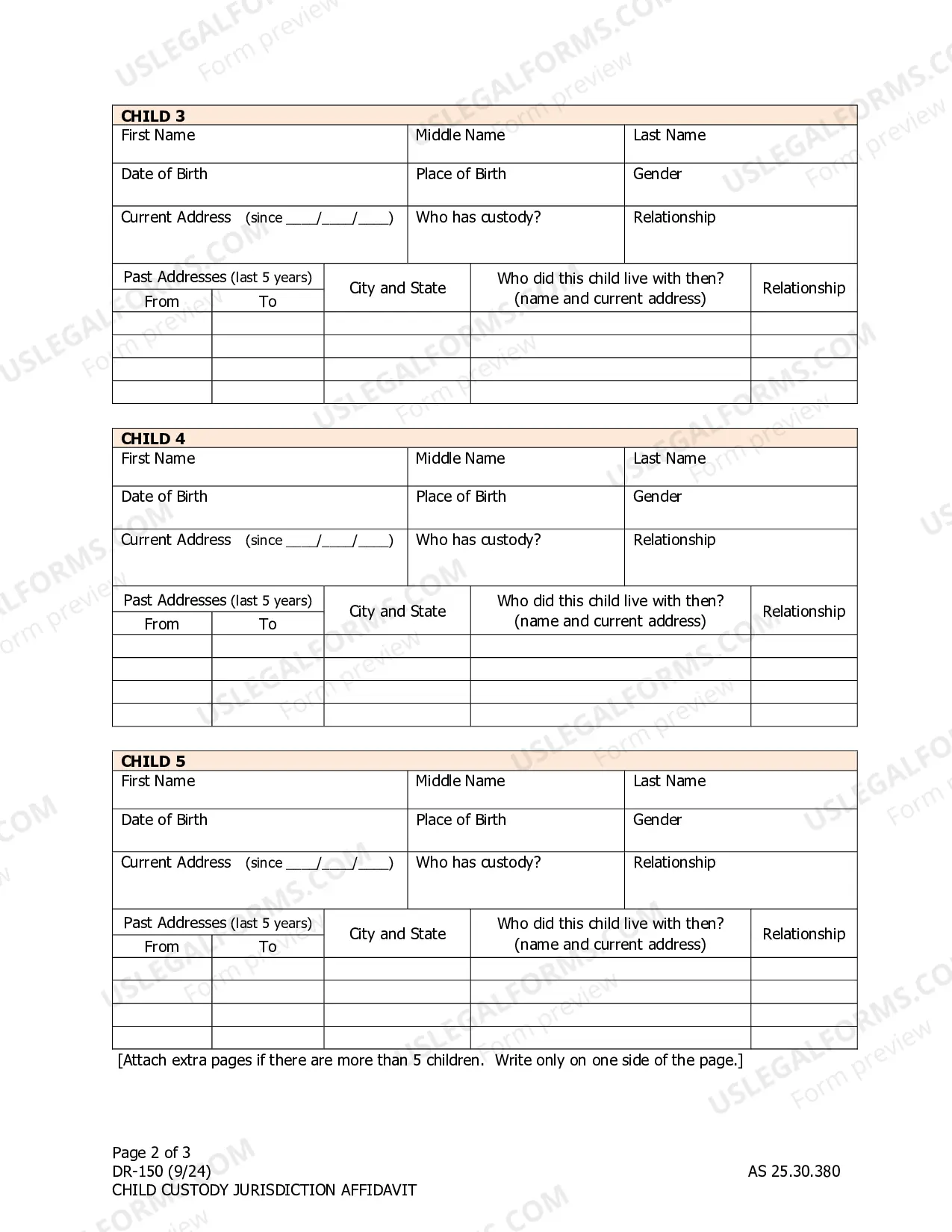 Preview Child Custody Jurisdiction Affidavit, DR-150