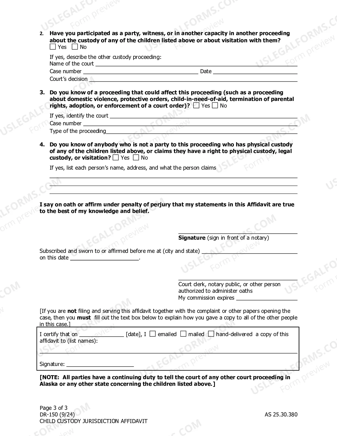 Preview Child Custody Jurisdiction Affidavit, DR-150