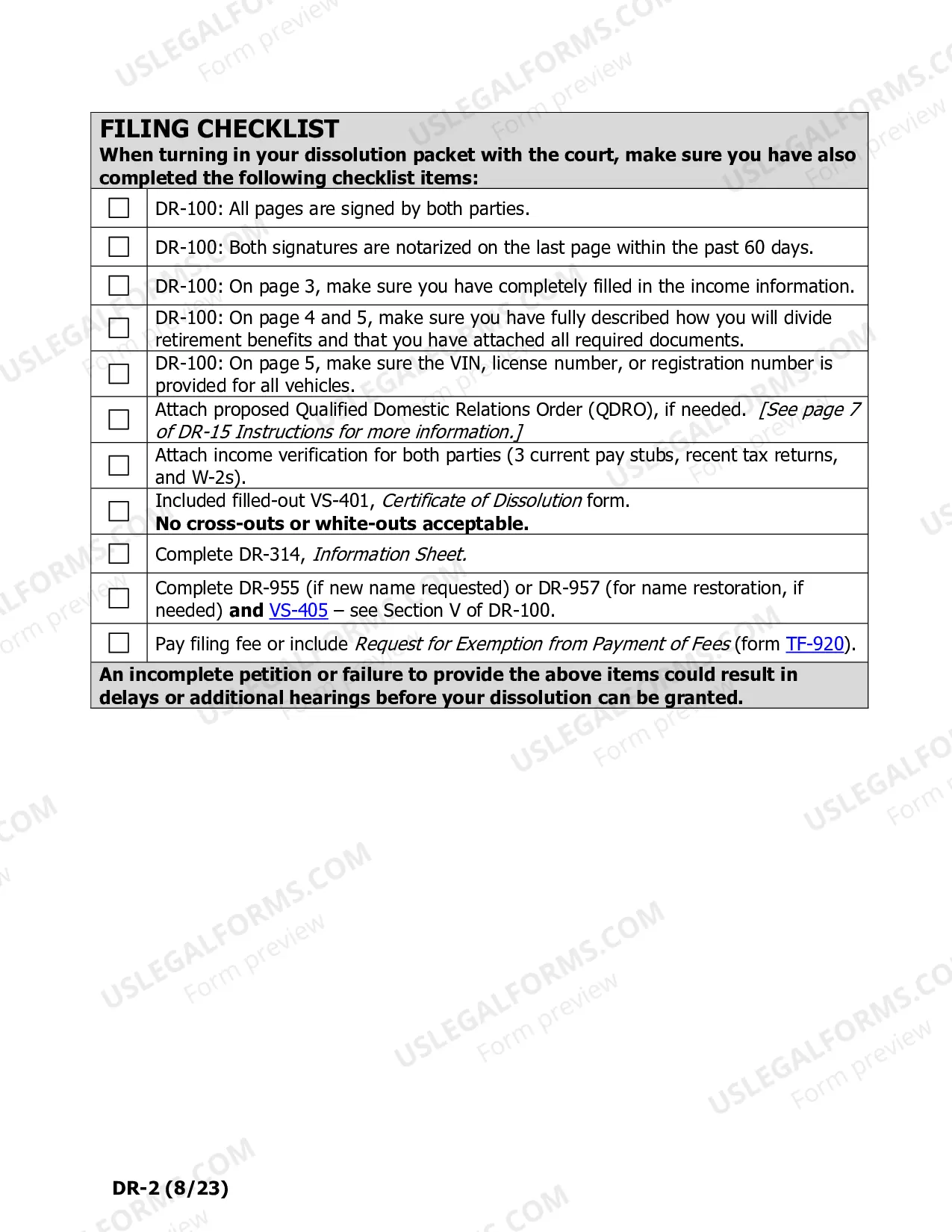 Preview Dissolution Packet #2, DR-2 (For married people without minor children)