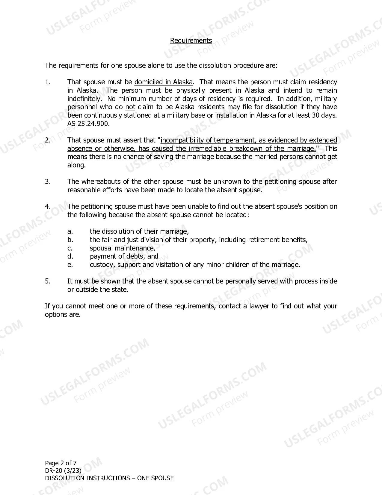 Preview Instructions for Dissolution of Marriage for One Spouse Filing Alone when the Other Spouse Cannot Be Located