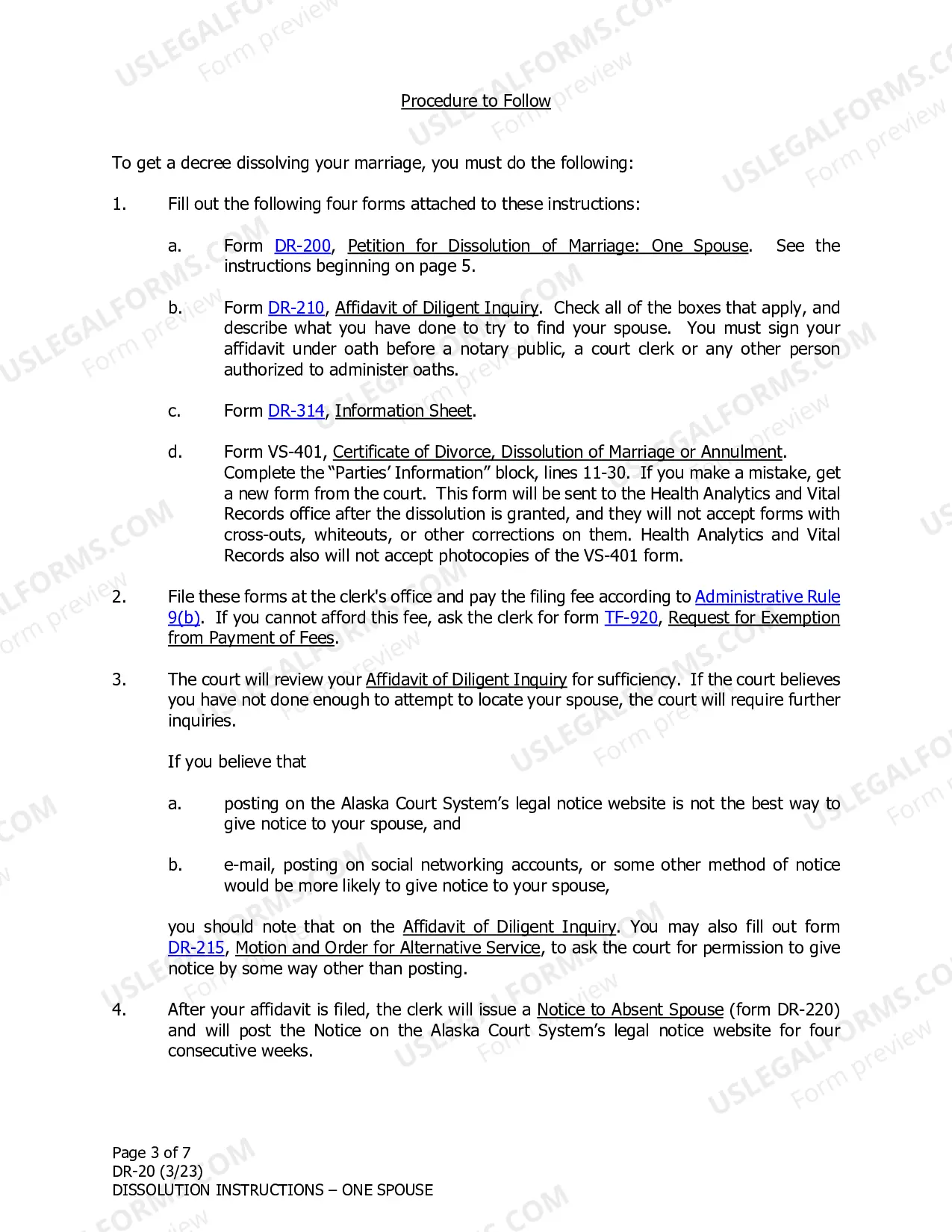 Preview Instructions for Dissolution of Marriage for One Spouse Filing Alone when the Other Spouse Cannot Be Located