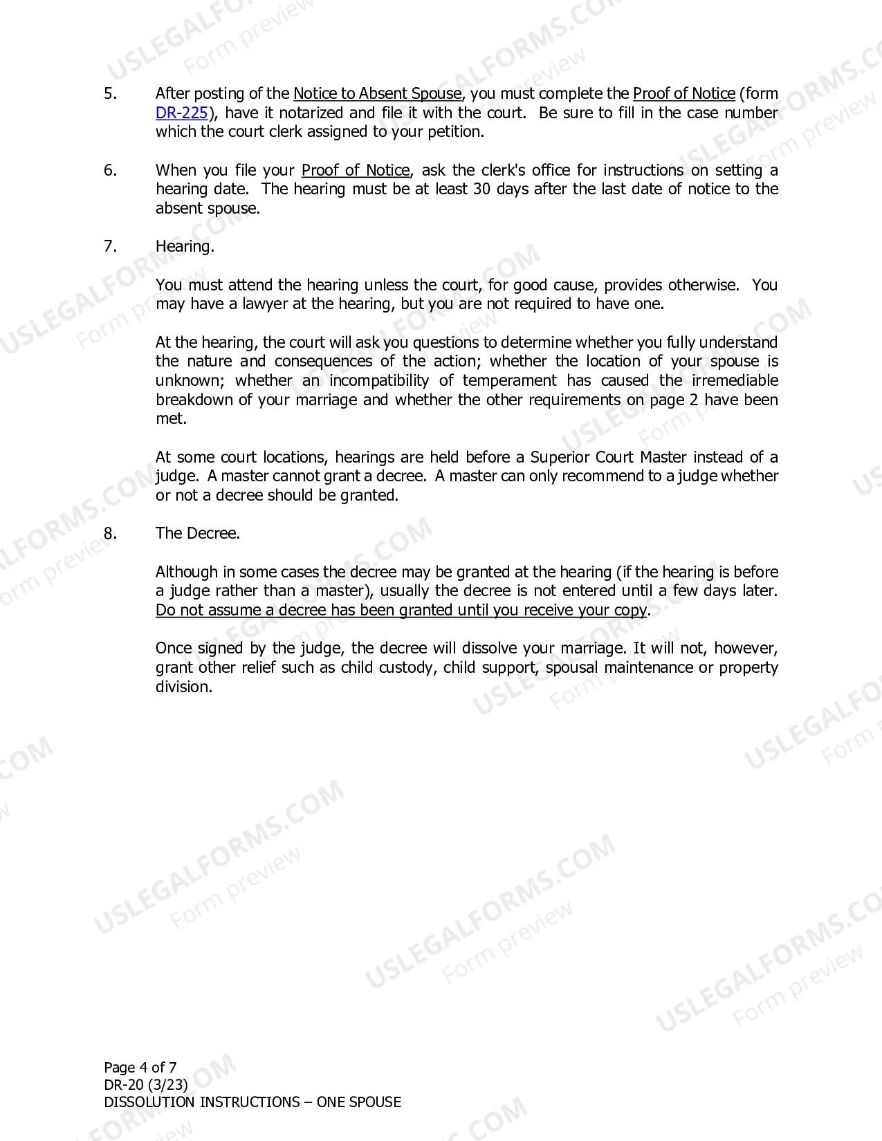 Preview Instructions for Dissolution of Marriage for One Spouse Filing Alone when the Other Spouse Cannot Be Located