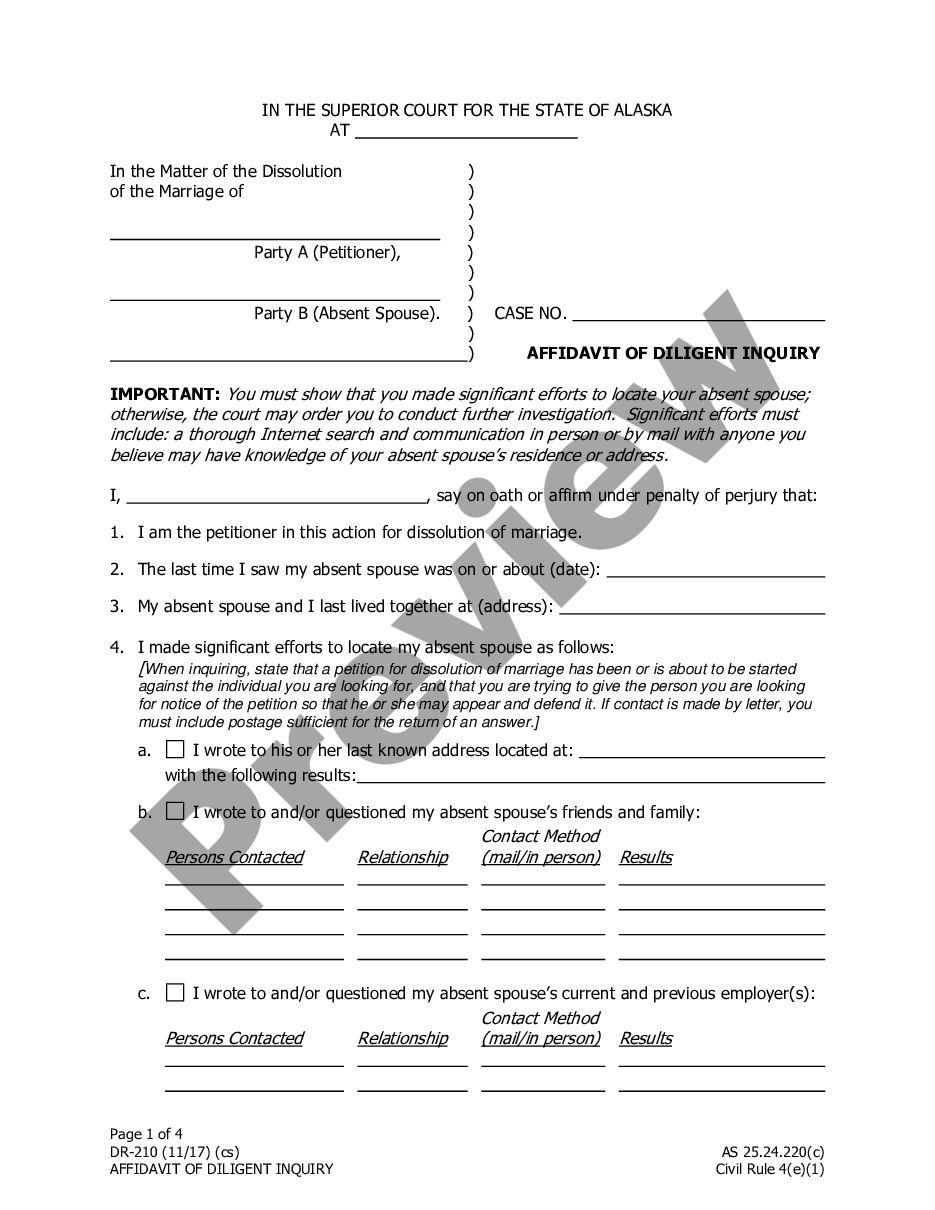 page 0 Affidavit of Diligent Inquiry preview