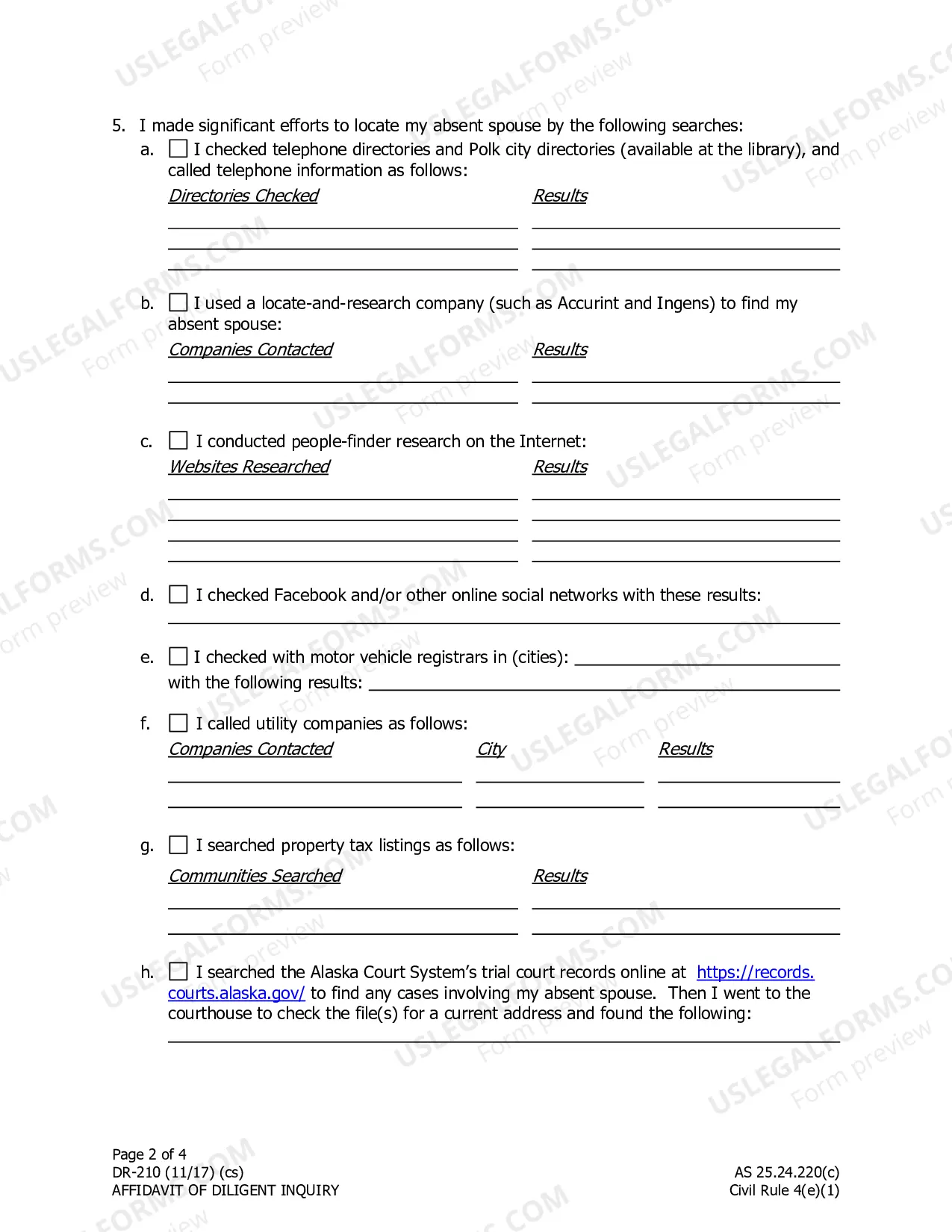 Preview Affidavit of Diligent Inquiry