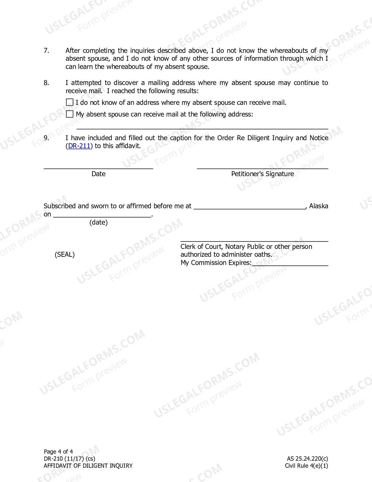 Preview Affidavit of Diligent Inquiry