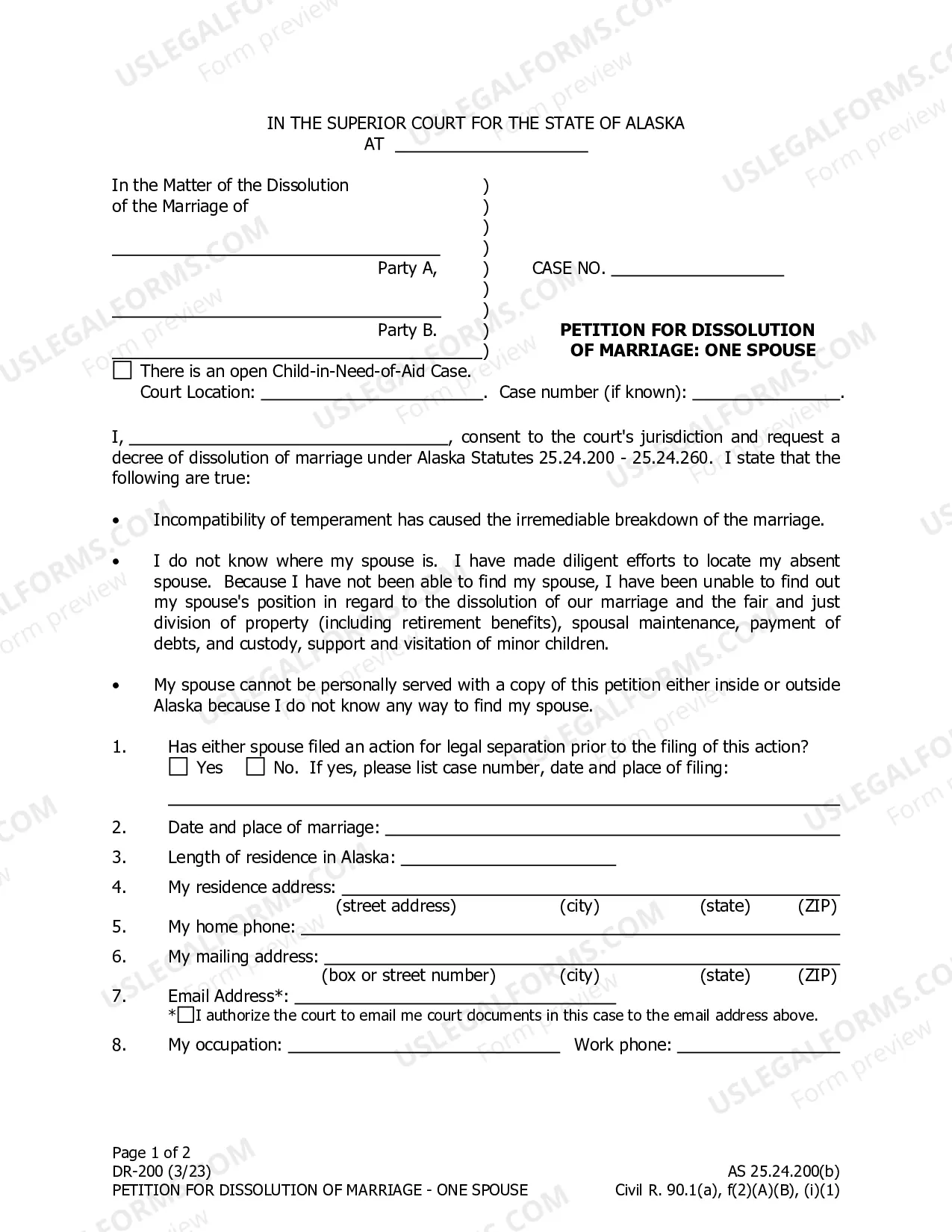 Preview Dissolution Packet #3, DR-3 (For married people who cannot find their spouse and do not want to address issues about property, debt and the parenting plan.)