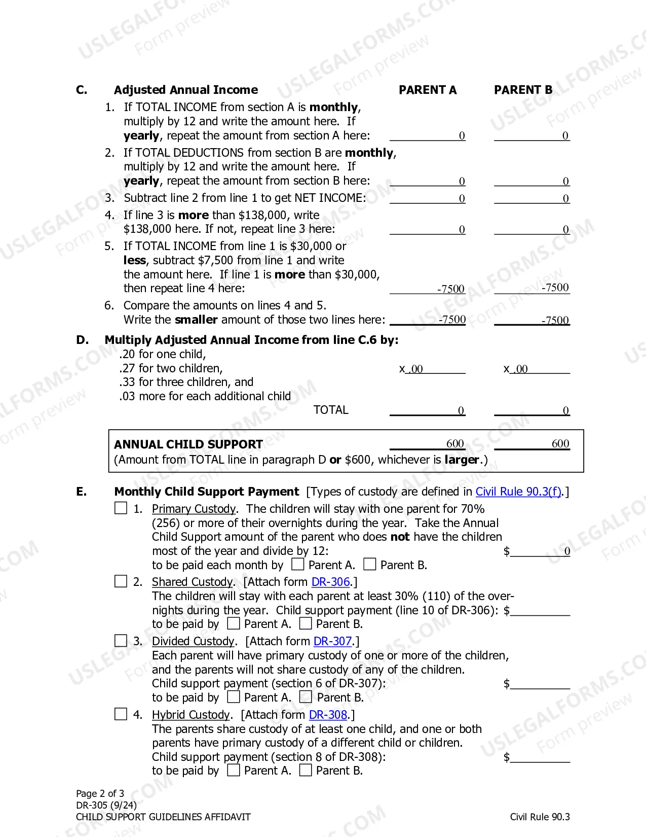 Preview Child Support Guidelines Affidavit, DR-305
