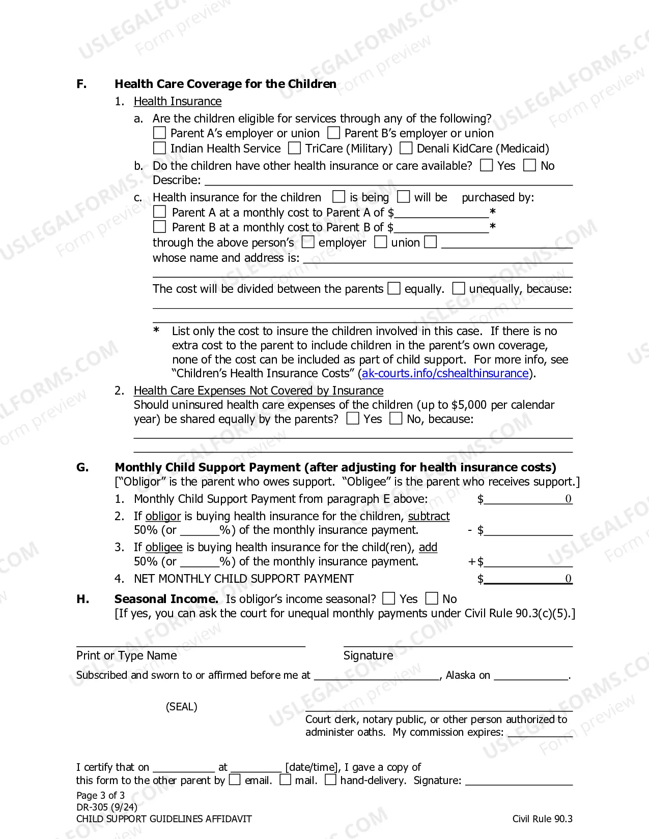 Preview Child Support Guidelines Affidavit, DR-305
