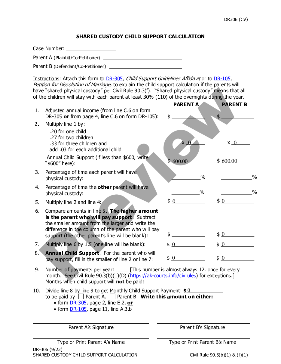 form Shared Custody Child Support Calculation preview