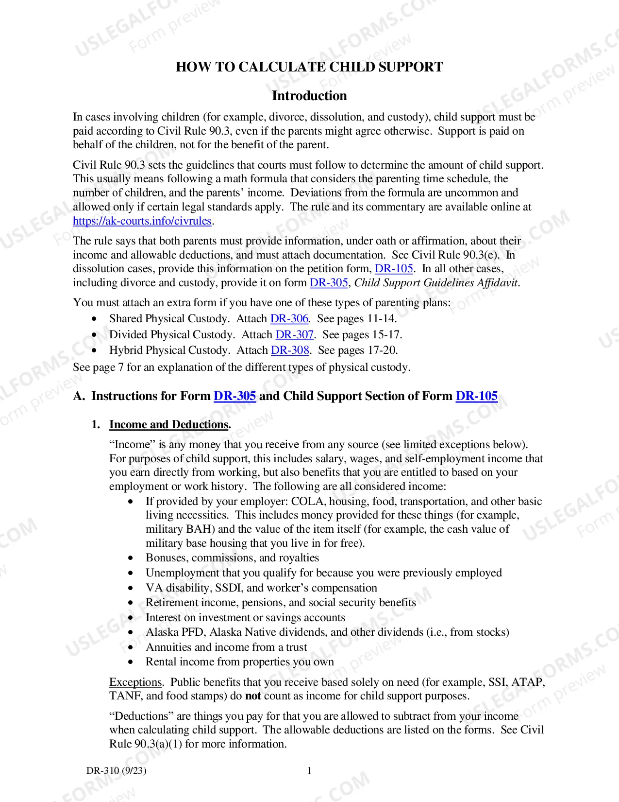 Preview How to Calculate Child Support Under Civil Rule 90.3, DR-310 (42 pages)