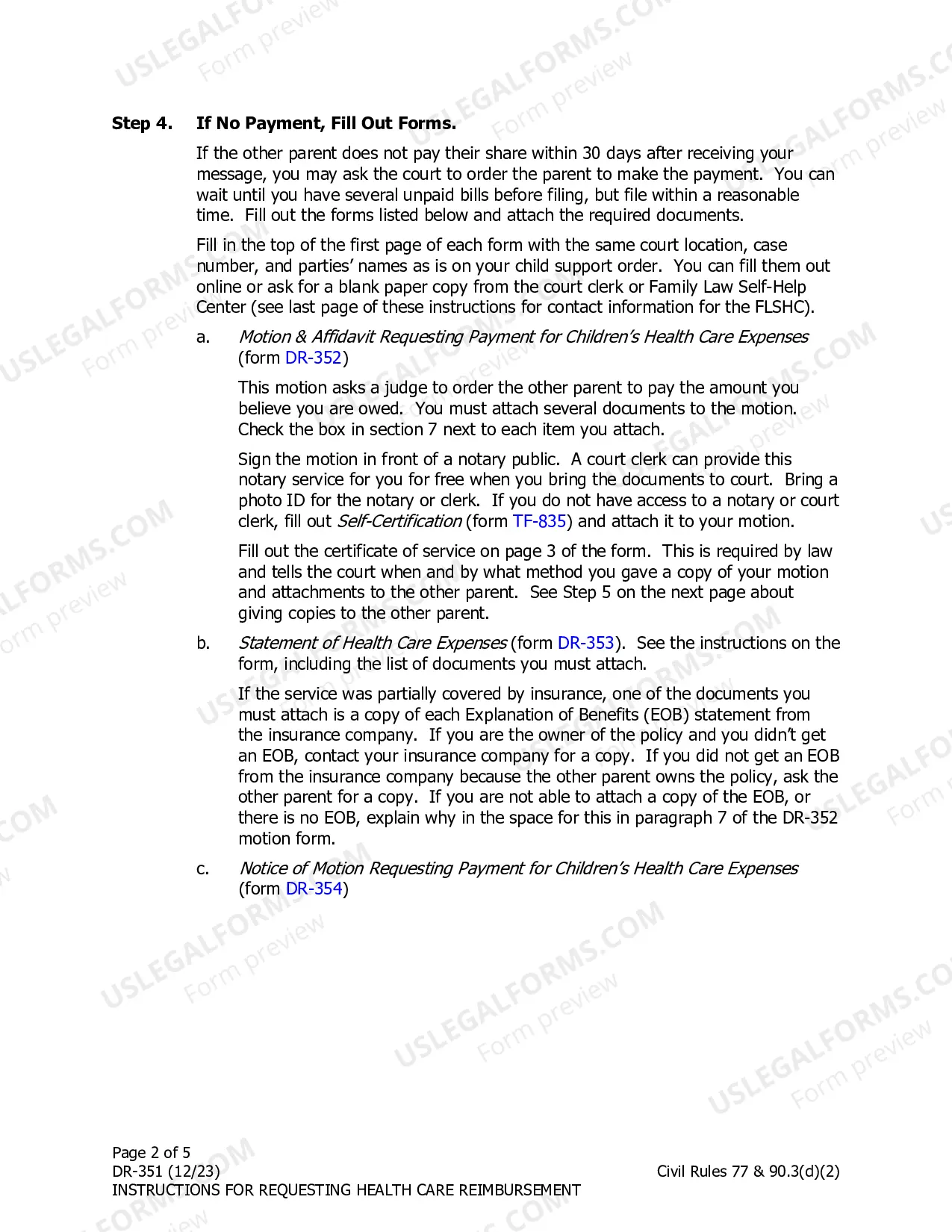 Preview Instructions for Getting Payment from the Other Parent for a Child's Health Care Expense