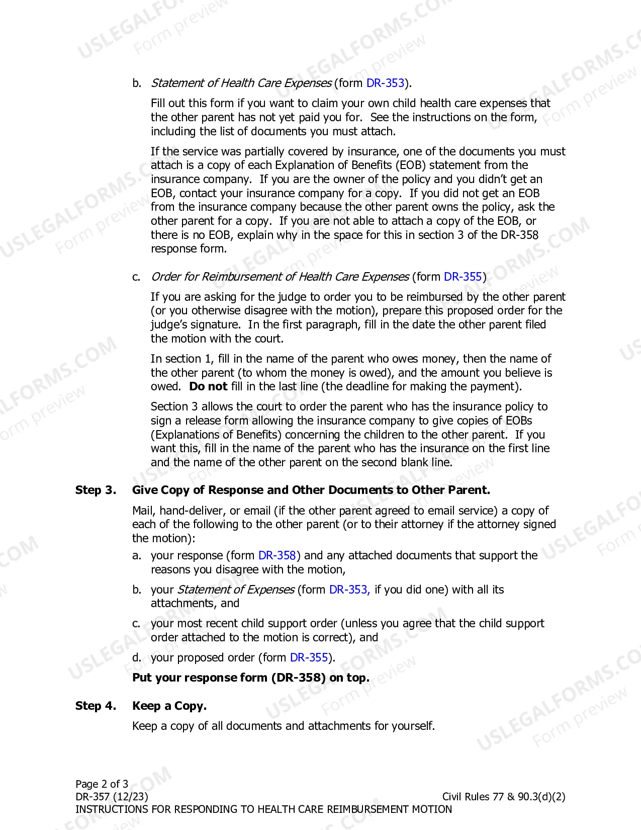 Preview Instructions for Responding to a Motion from the Other Parent for a Child's Health Care Expenses