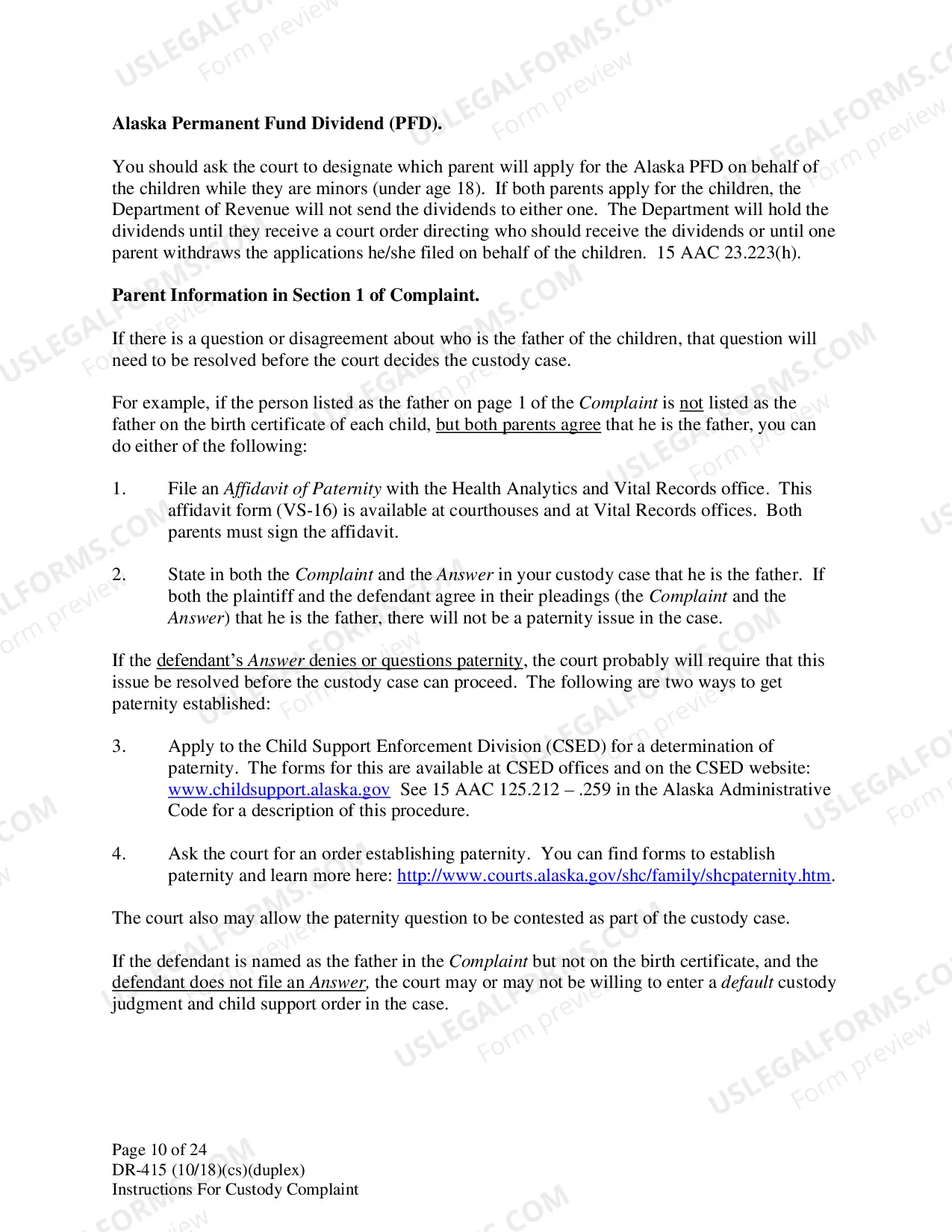 Preview Instructions for Filing Child Custody Case