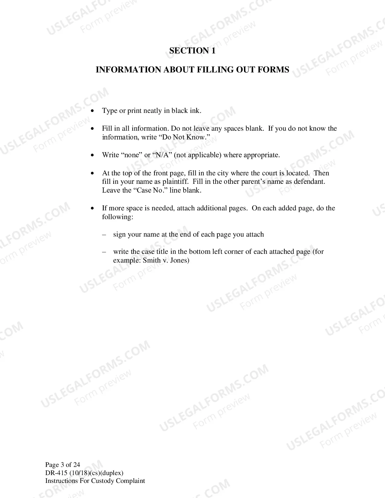 Preview Instructions for Filing Child Custody Case