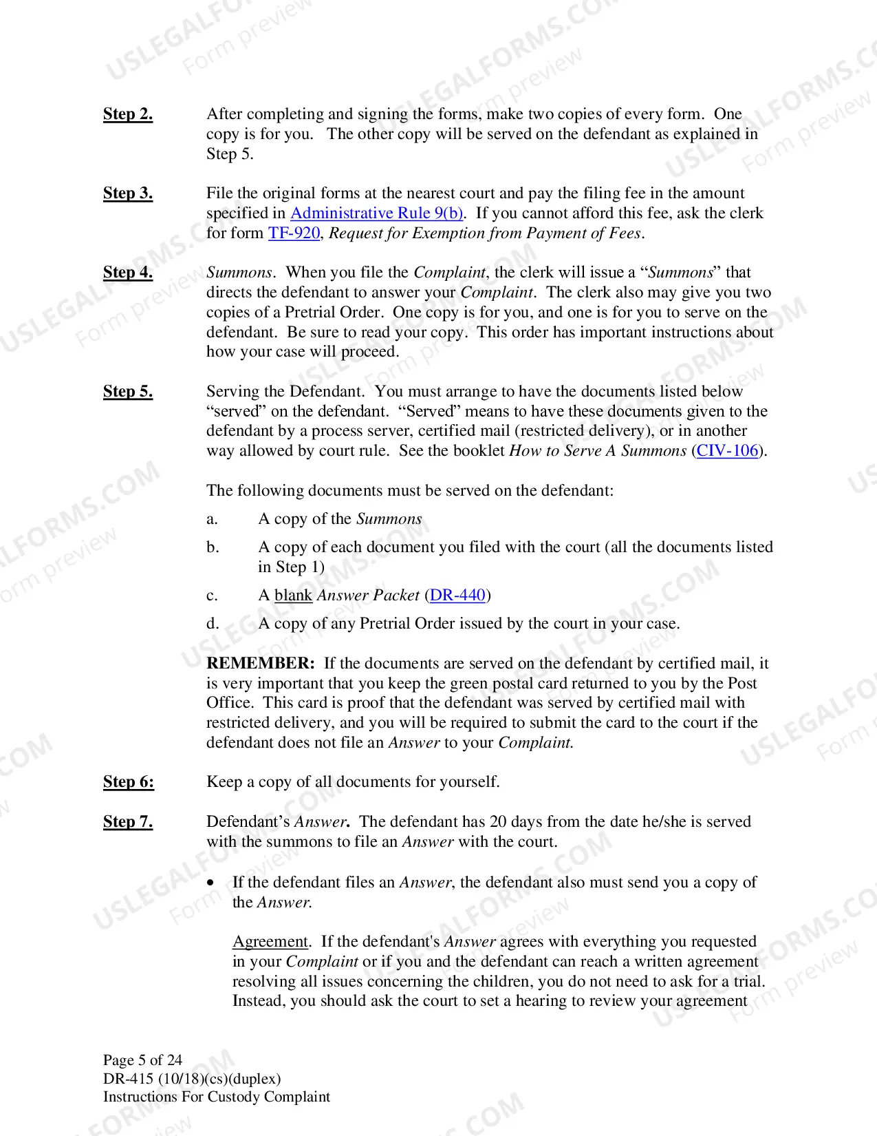 Preview Instructions for Filing Child Custody Case