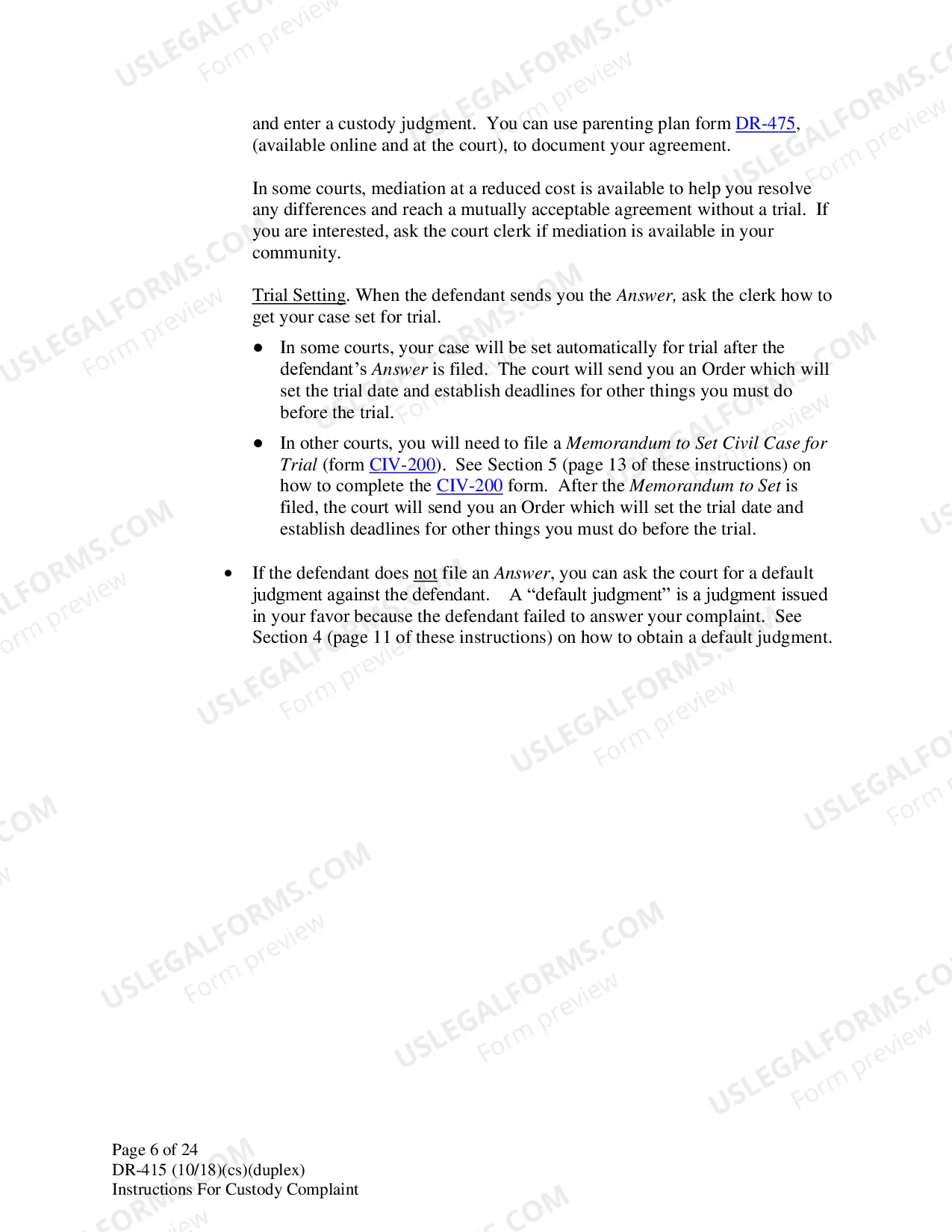 Preview Instructions for Filing Child Custody Case