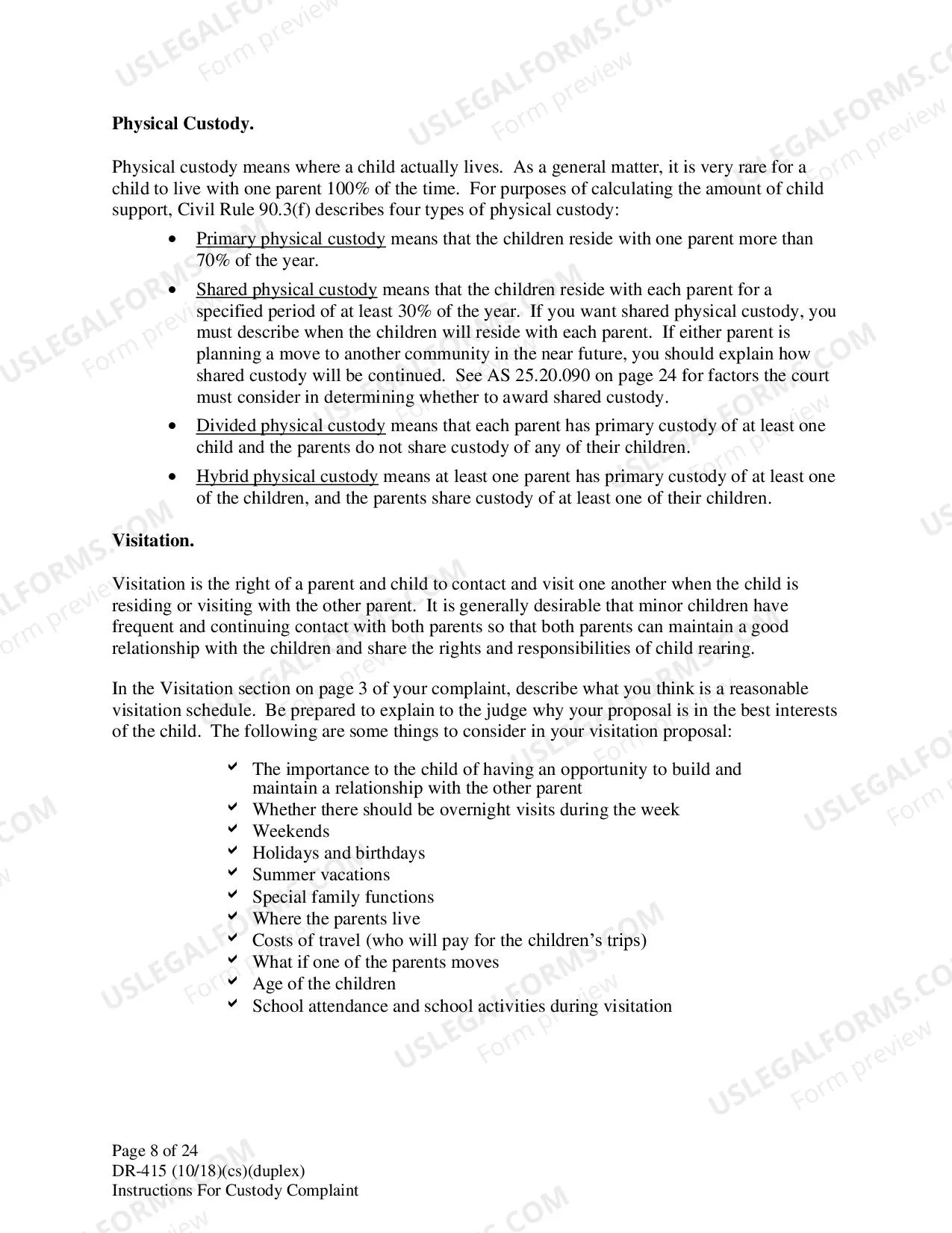 Preview Instructions for Filing Child Custody Case
