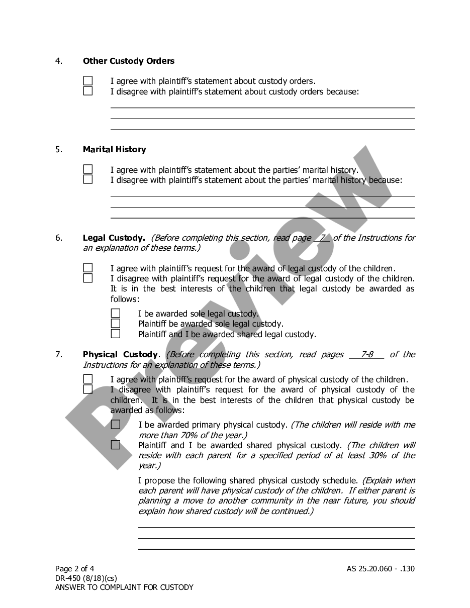 page 1 Answer to Complaint for Child Custody preview