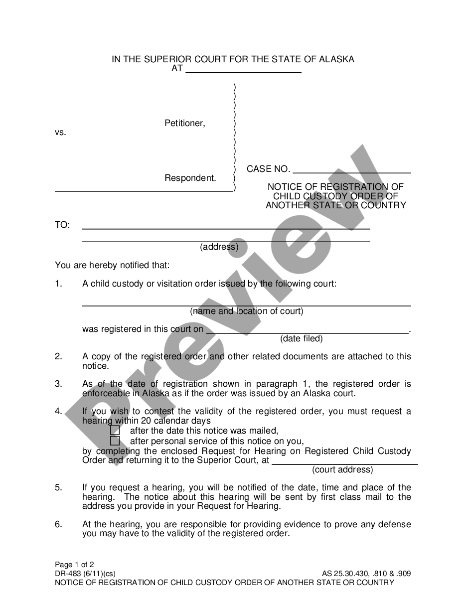 Anchorage Alaska Notice of Registration of Child Custody Order of