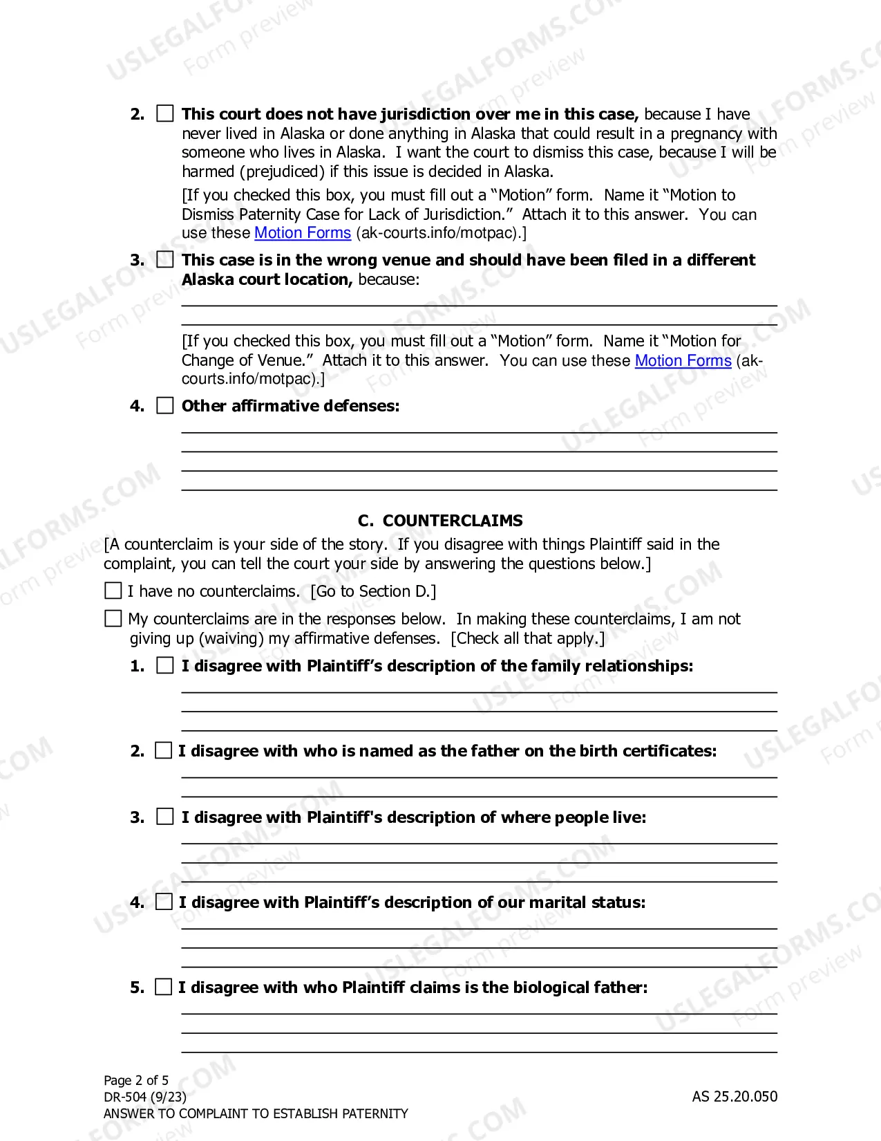 Preview Answer and Counterclaim to Complaint to Establish Paternity