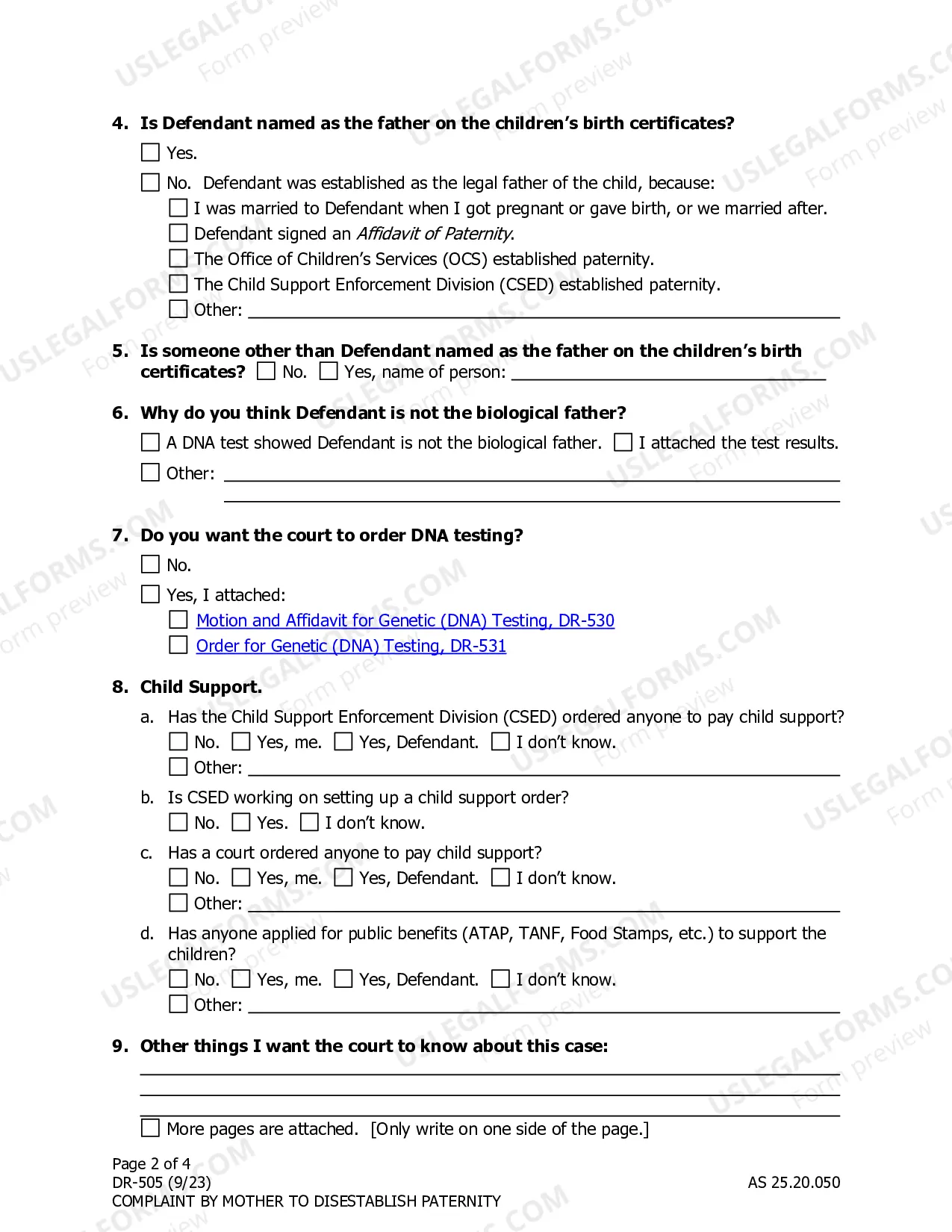 Preview Complaint by Mother to Disestablish Paternity