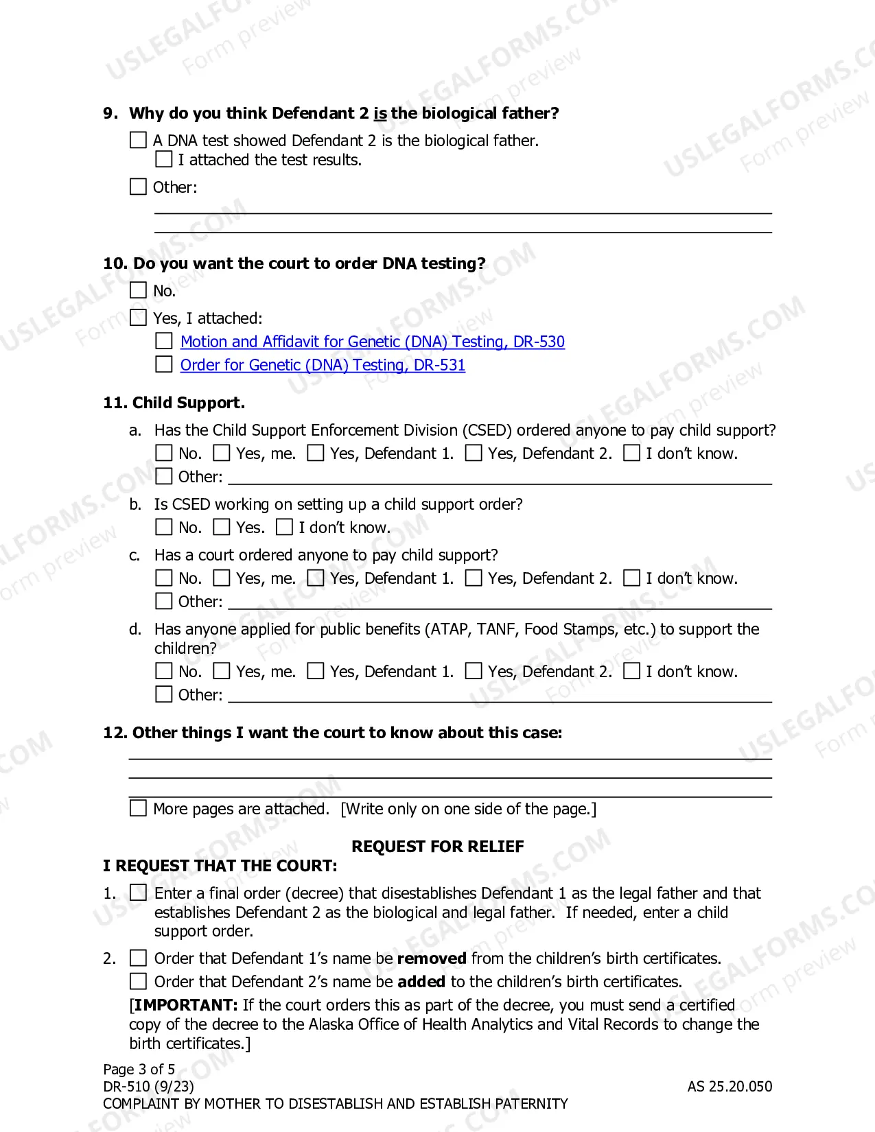 Preview Complaint by Mother to Disestablish and Establish Paternity