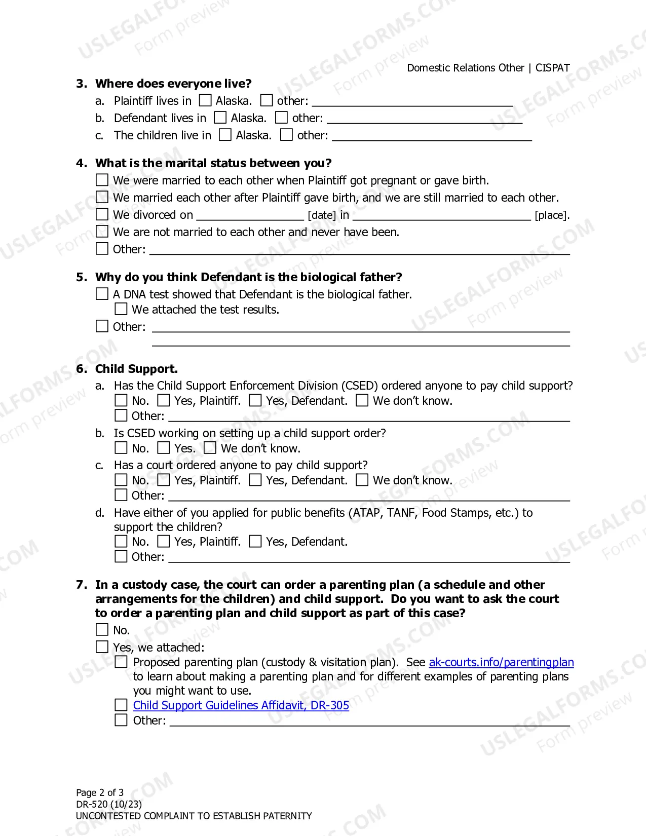 Preview Uncontested Complaint to Establish Paternity