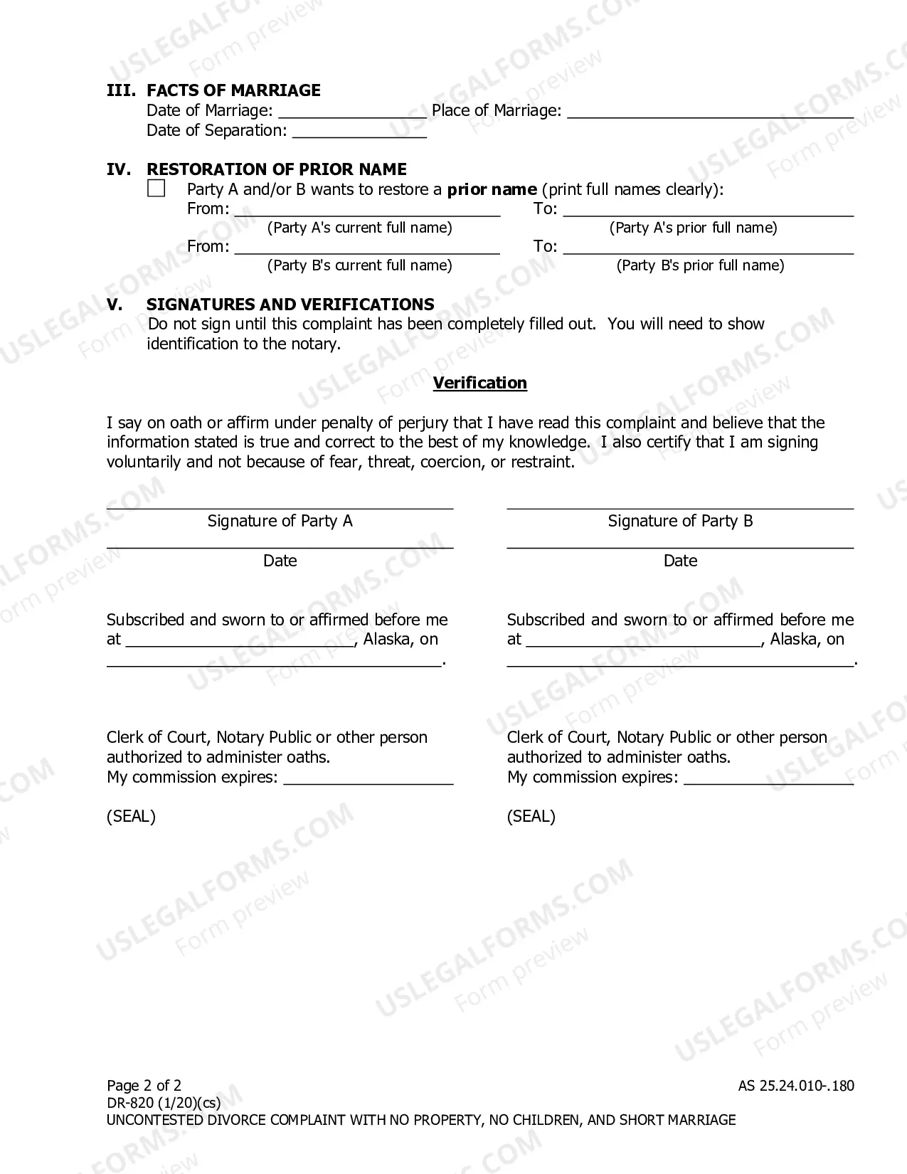 Preview Uncontested Divorce Complaint with No Property, No Children, and Short Marriage