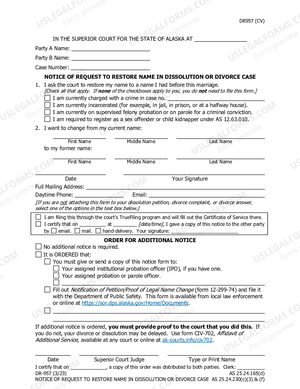 Preview Notice of Request to Restore Name in Dissolution or Divorce Case