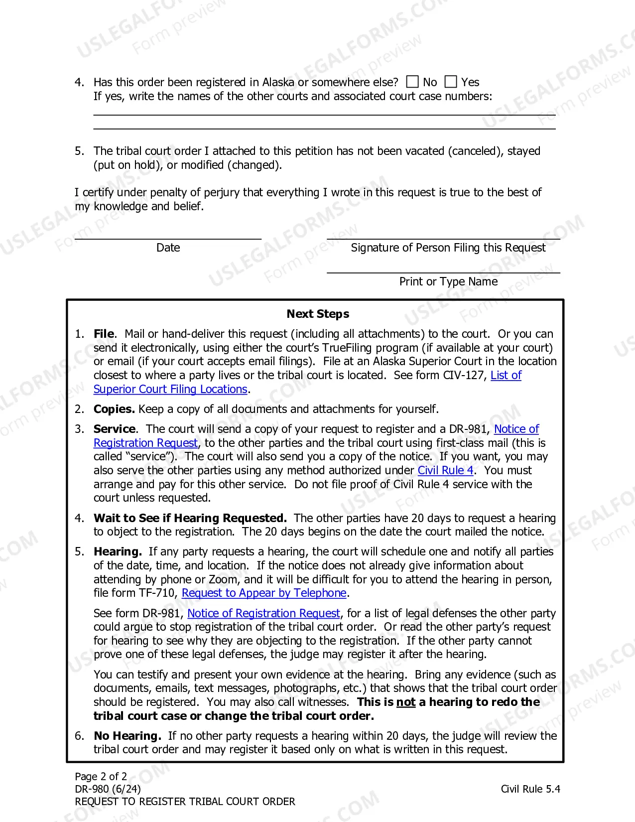 Preview Request to Register Tribal Court Order