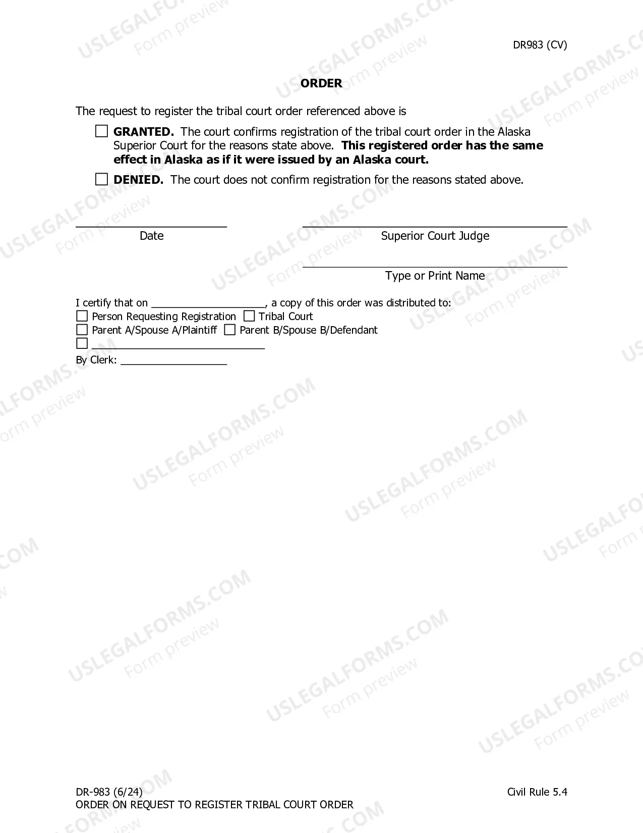 Preview Order on Request to Register Tribal Court Order