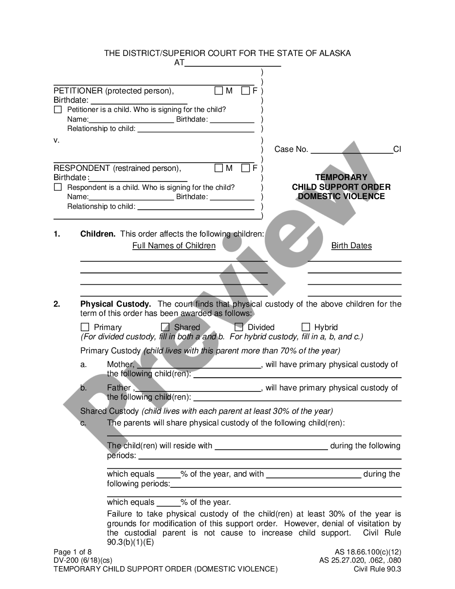 page 0 Temporary Child Support Order preview